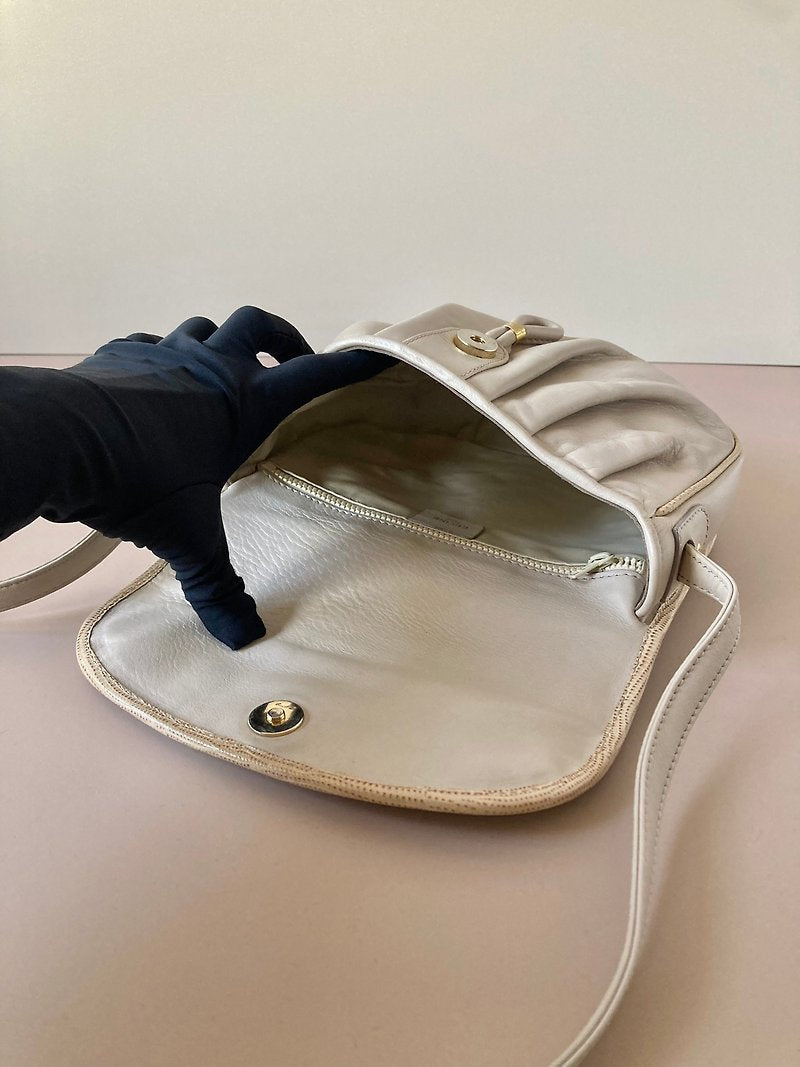 CELINE rare white gold emblem leather messenger bag / side bag / oblique bag