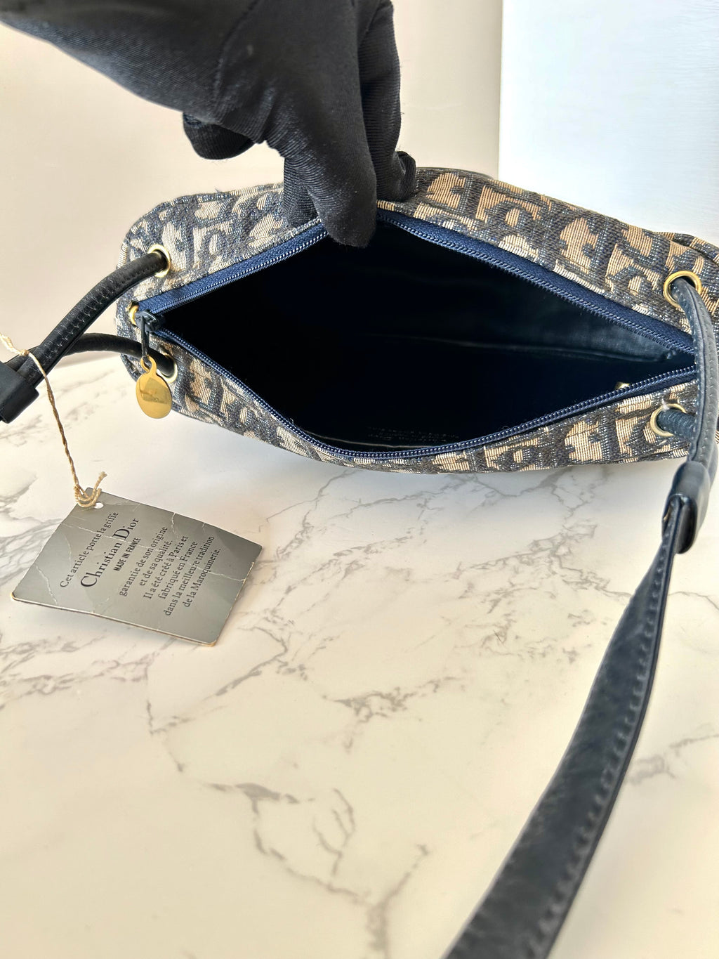 CHRISTIAN DIOR 稀有深藍色黑老花豆腐側背包