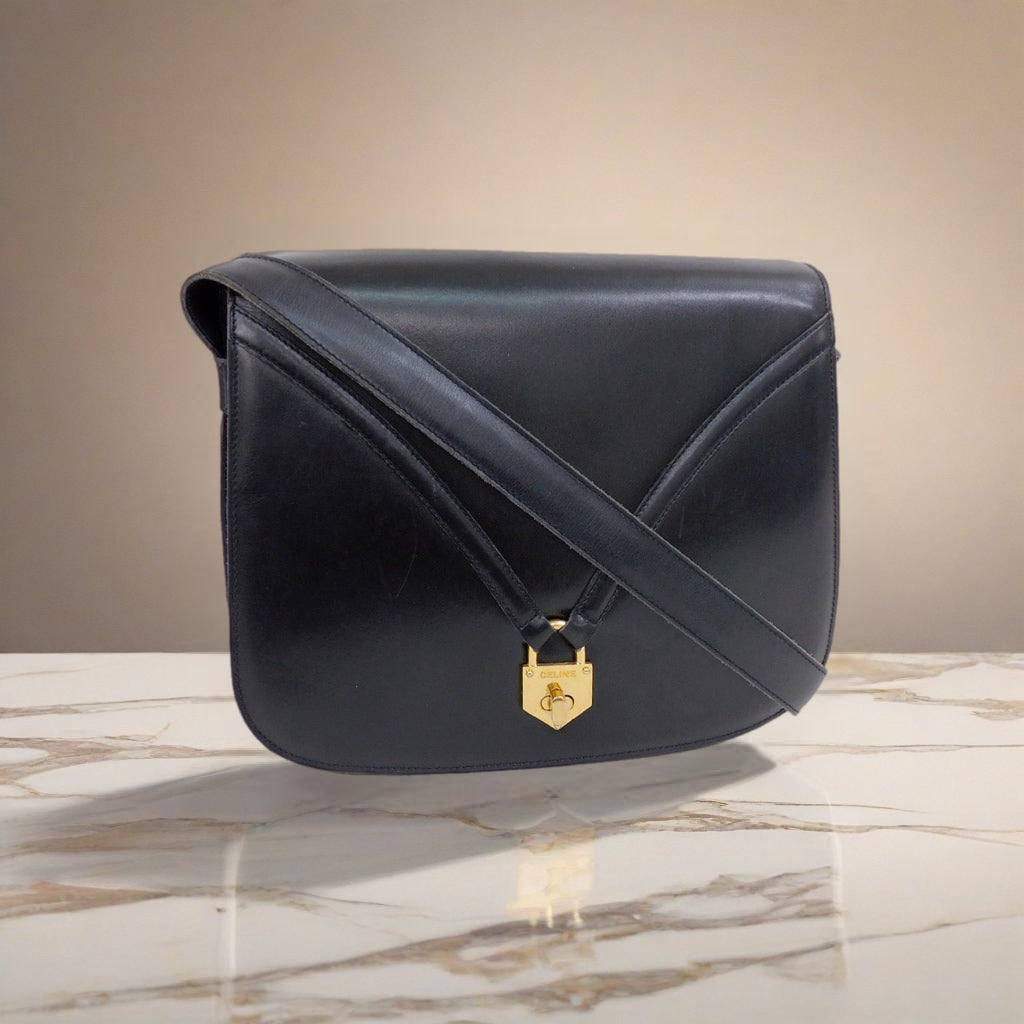 CELINE rare black small gold lock cowhide leather box small bag / side backpack / oblique backpack