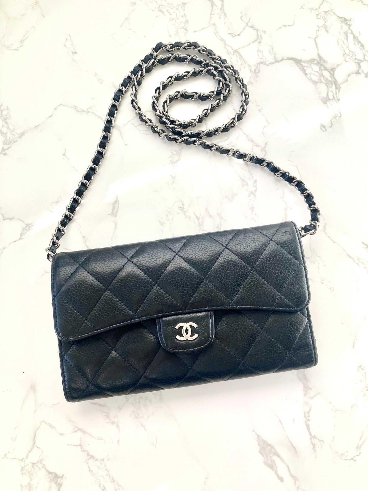 CHANEL Black Caviar Leather Classic Flap Wallet-on-Chain WOC (Add-on Chain)