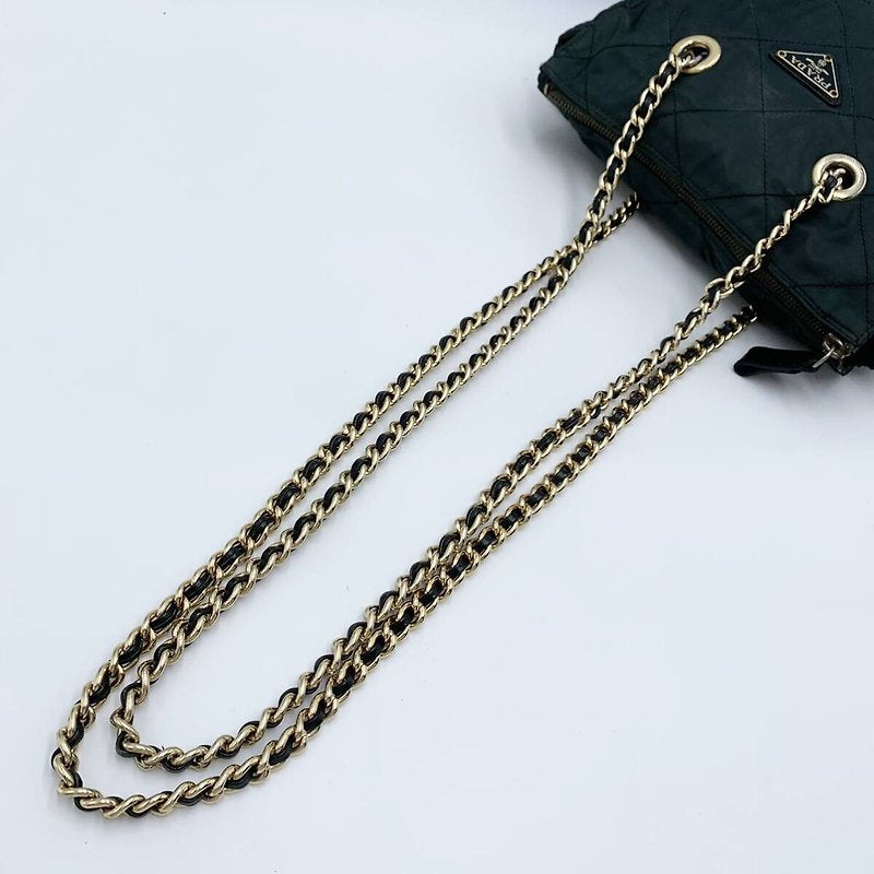 PRADA rare olive green gold triangle parachute chain shoulder bag / side bag