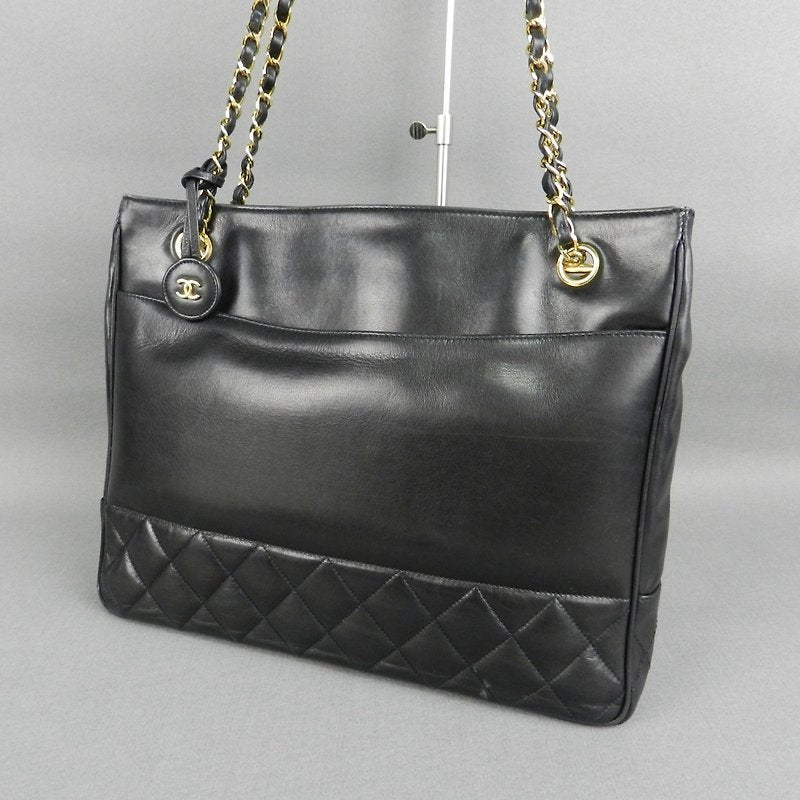 CHANEL Black Metalasse lambskin chain tote bag / side bag
