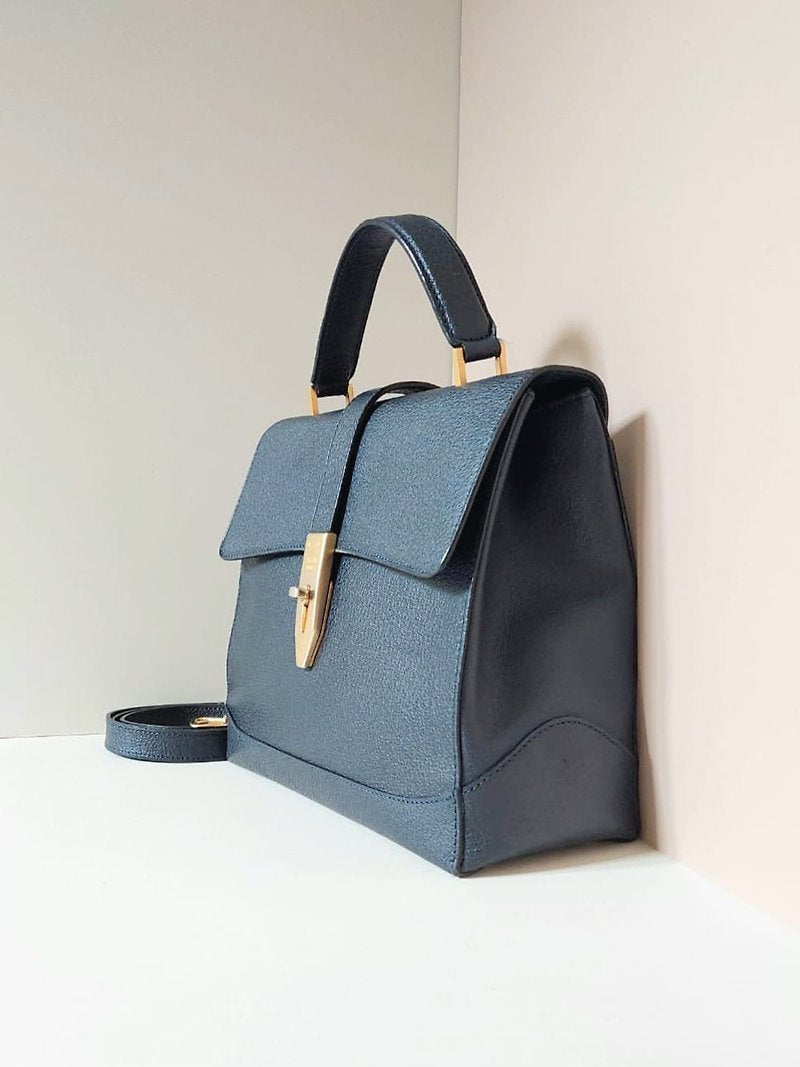 CELINE rare dark blue gold square buckle Kelly leather side bag / crossbody bag / handbag