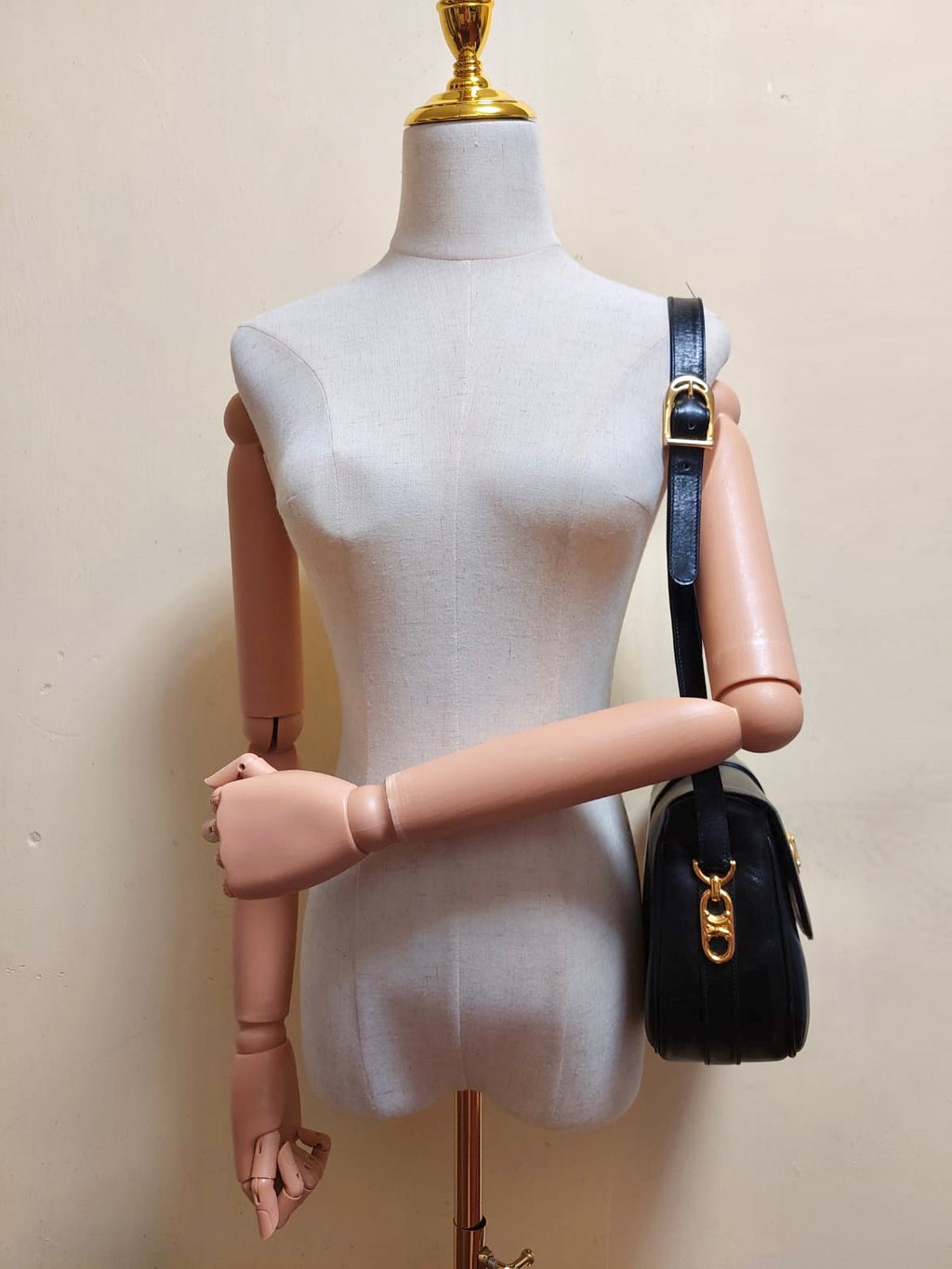 CELINE rare large gold Arc de Triomphe black saddle leather small bag / side backpack / shoulder bag