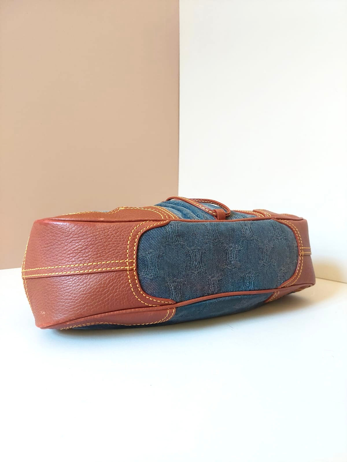 CELINE rare denim blue old flower leather small bag / side backpack / underarm bag
