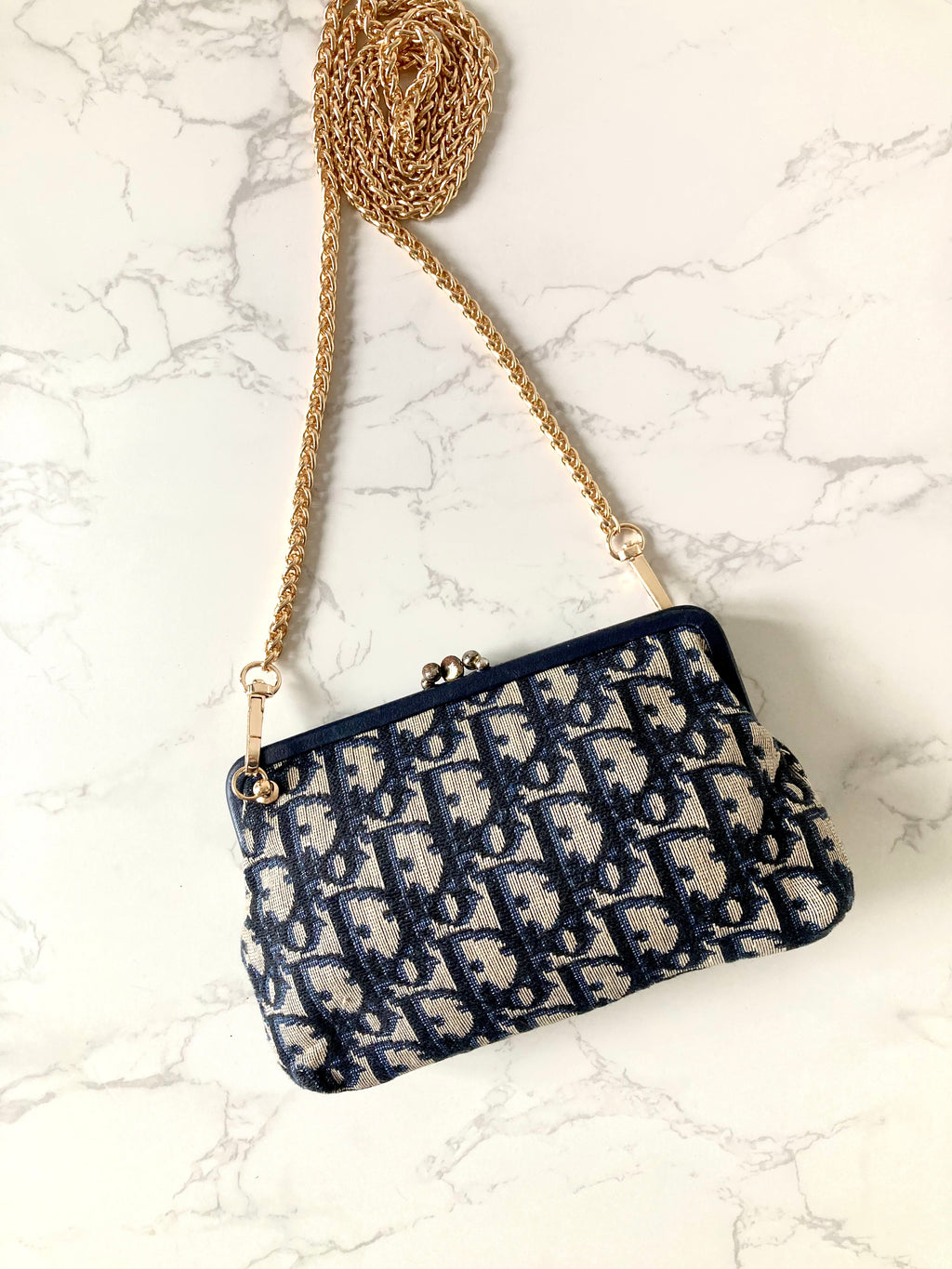 CHRISTIAN DIOR Navy Trotter x Beige Mini Two-way Crossbody Bag / Clutch