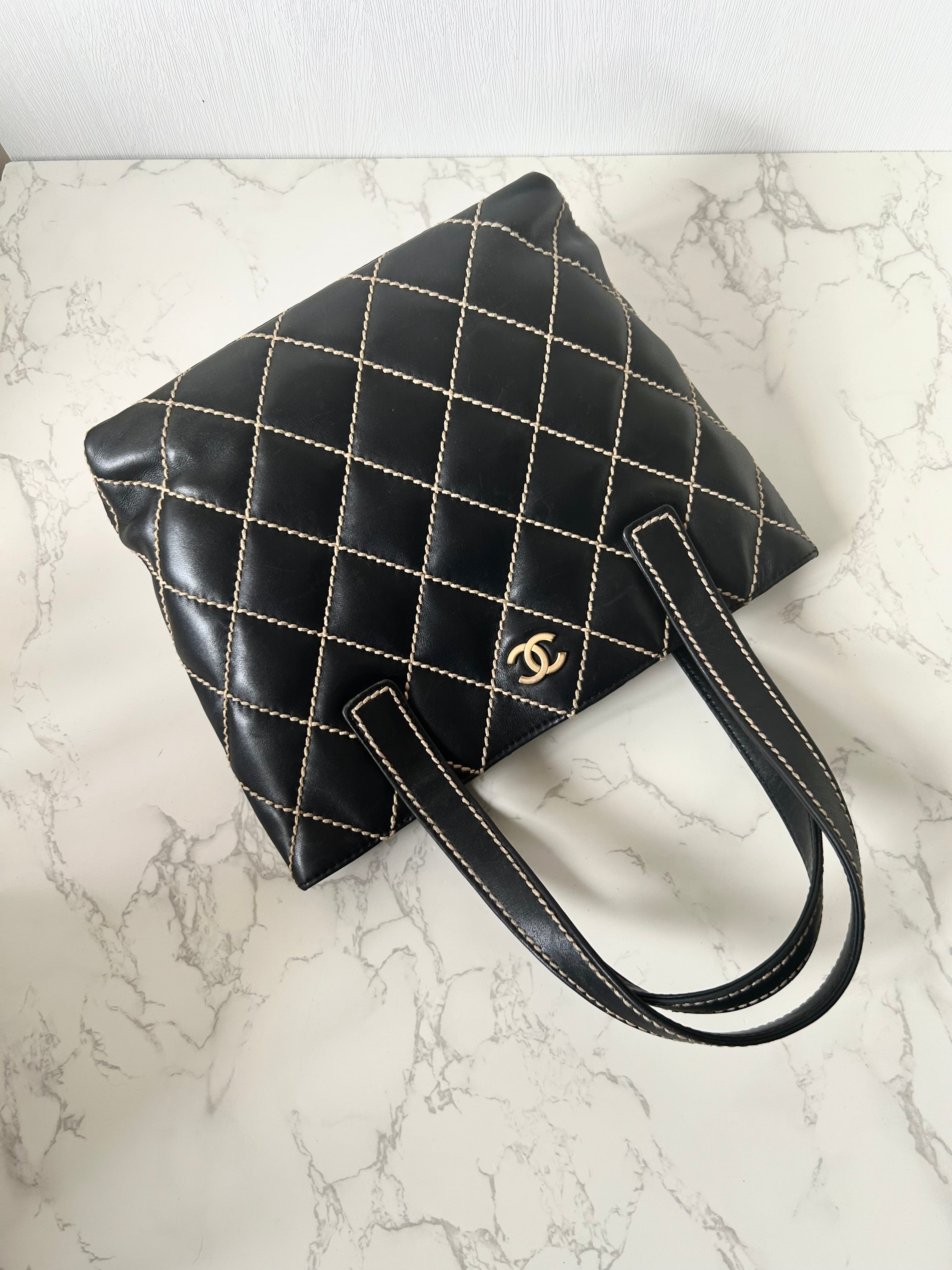 CHANEL Wild Stitch Vivian black gold label small tote bag / side bag
