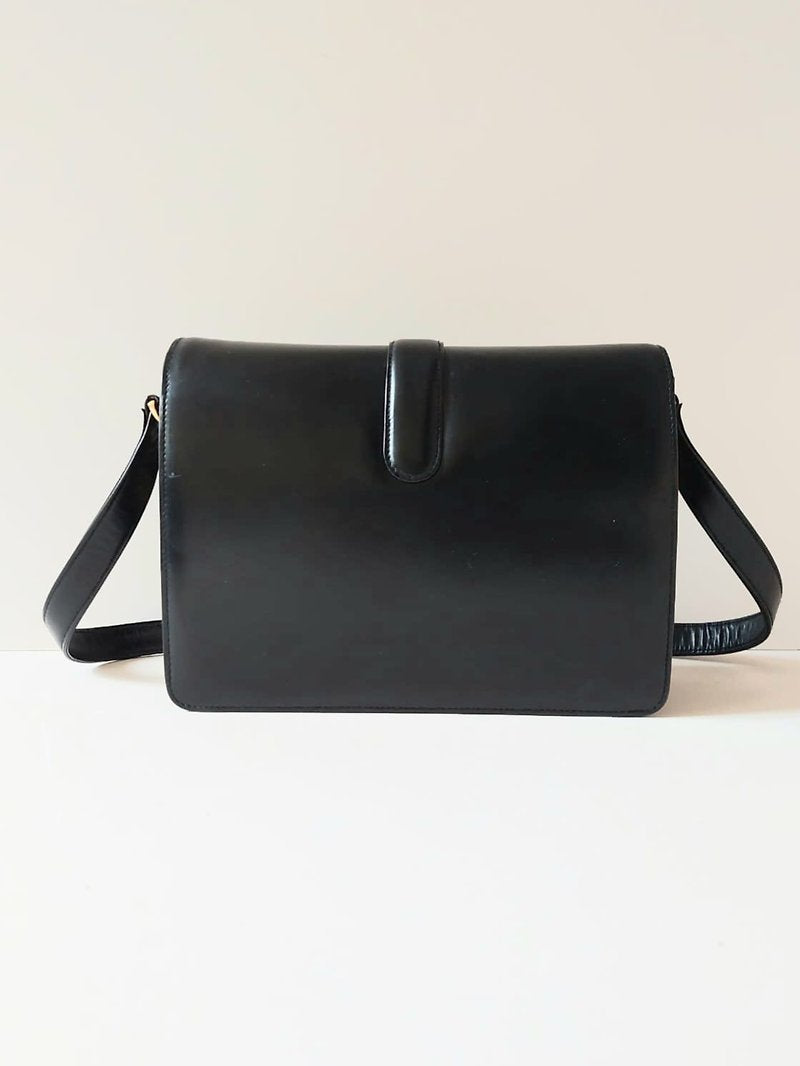 CELINE rare carriage hexagonal gold buckle black leather side bag / oblique bag - Japanese second-hand Vintage