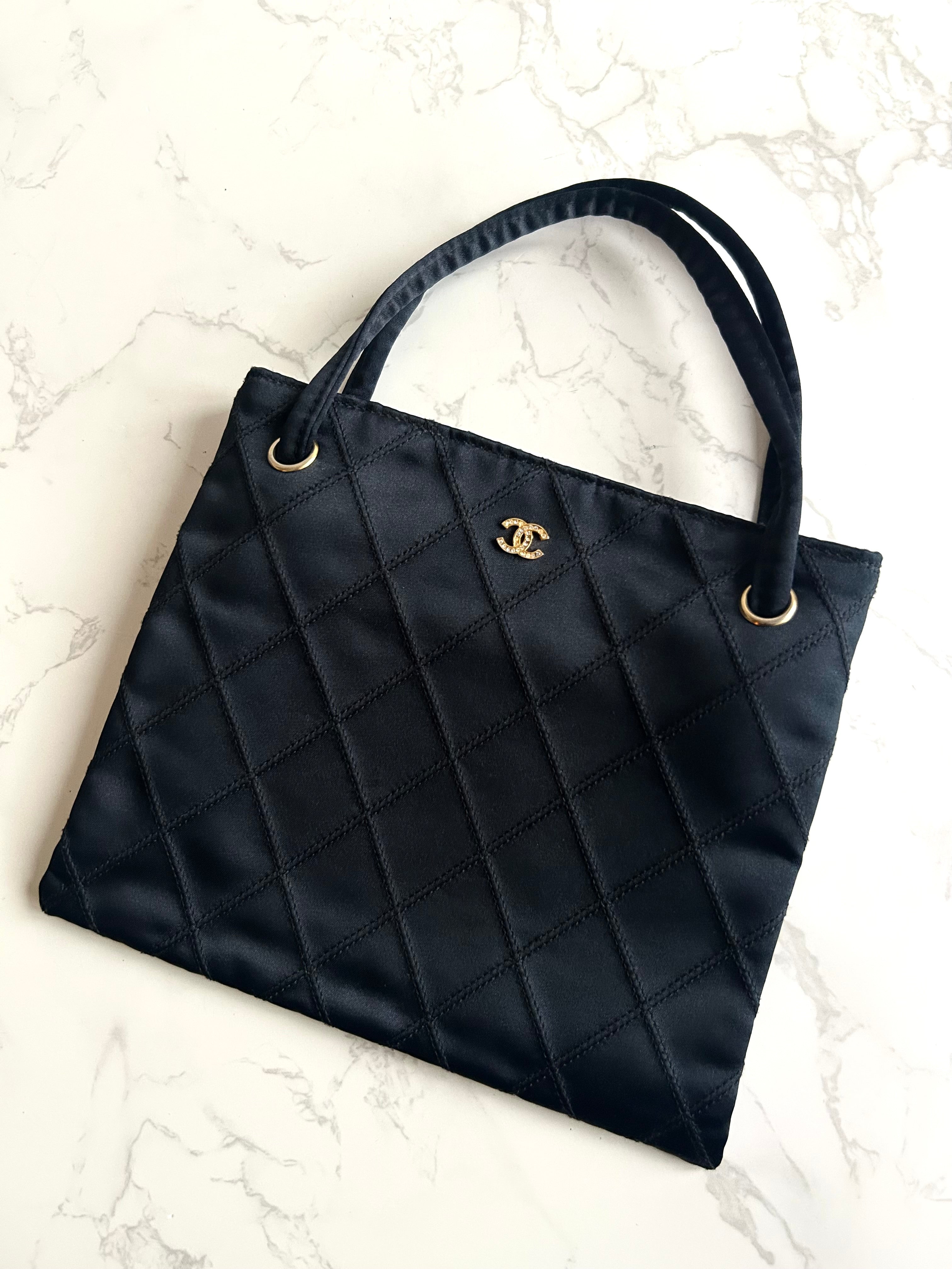 Rare Chanel Vintage Silk Rhinestone Black Matelassé Tote Bag