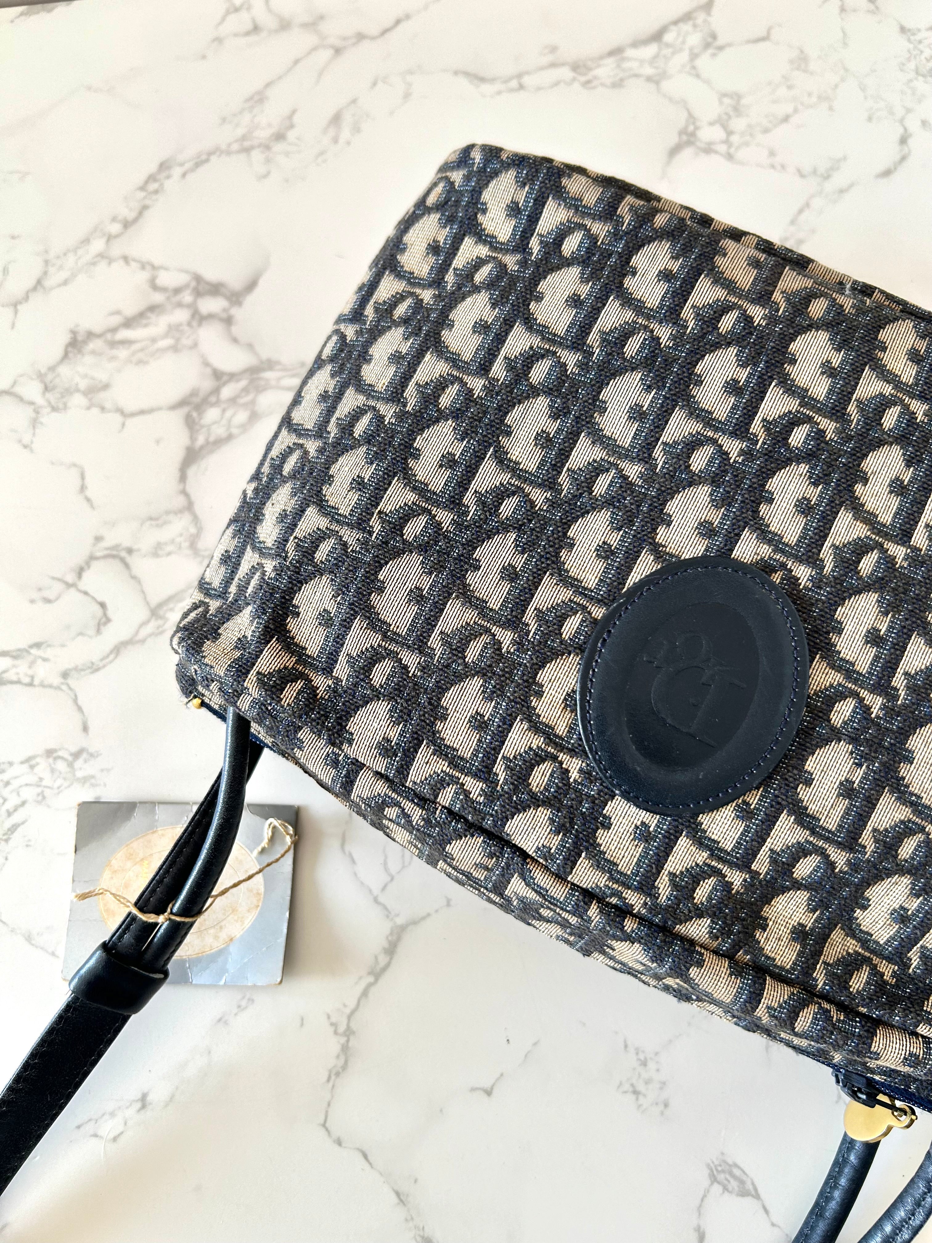CHRISTIAN DIOR rare dark blue black old flower tofu shoulder bag