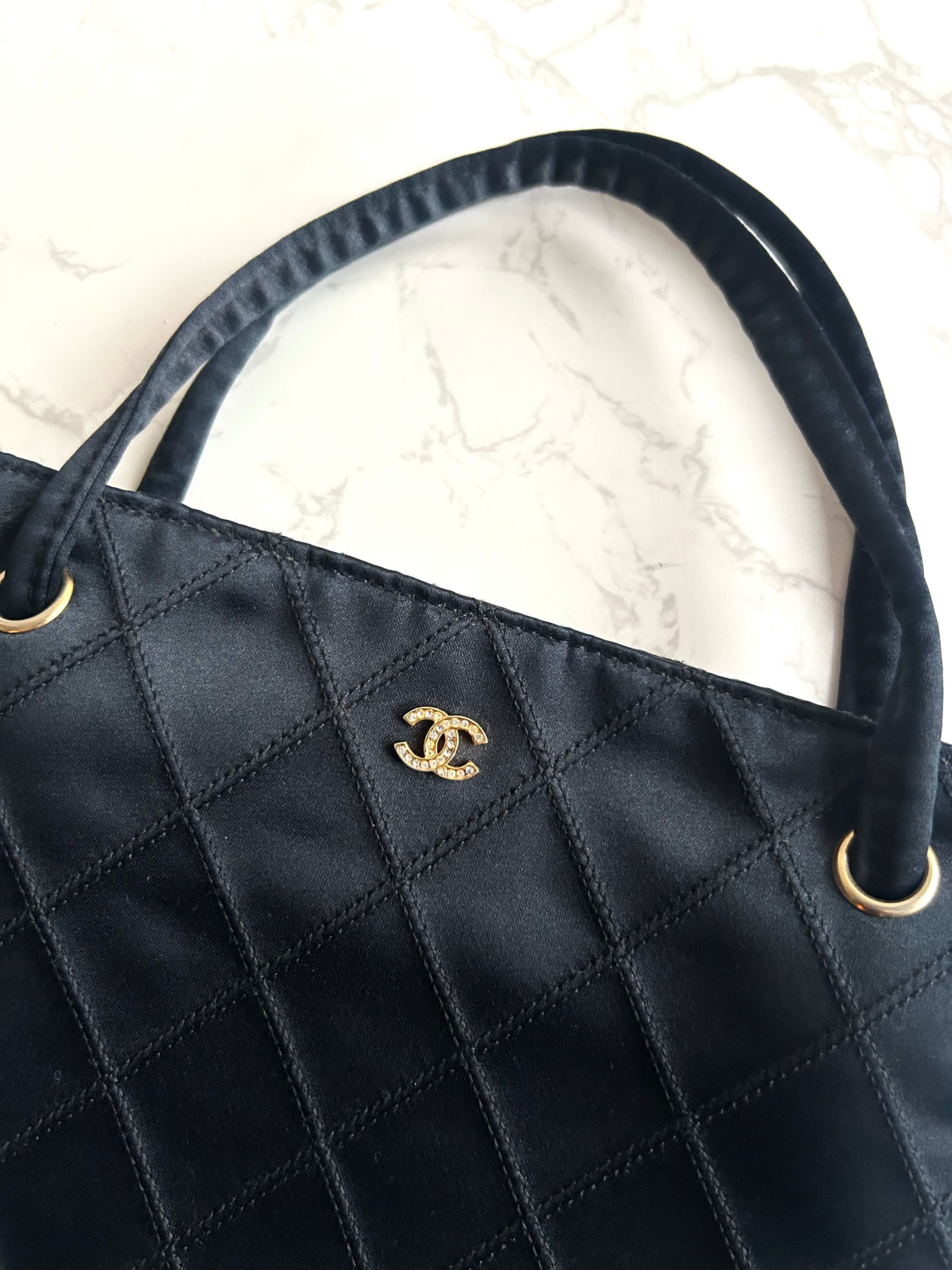 Rare Chanel Vintage Silk Rhinestone Black Matelassé Tote Bag