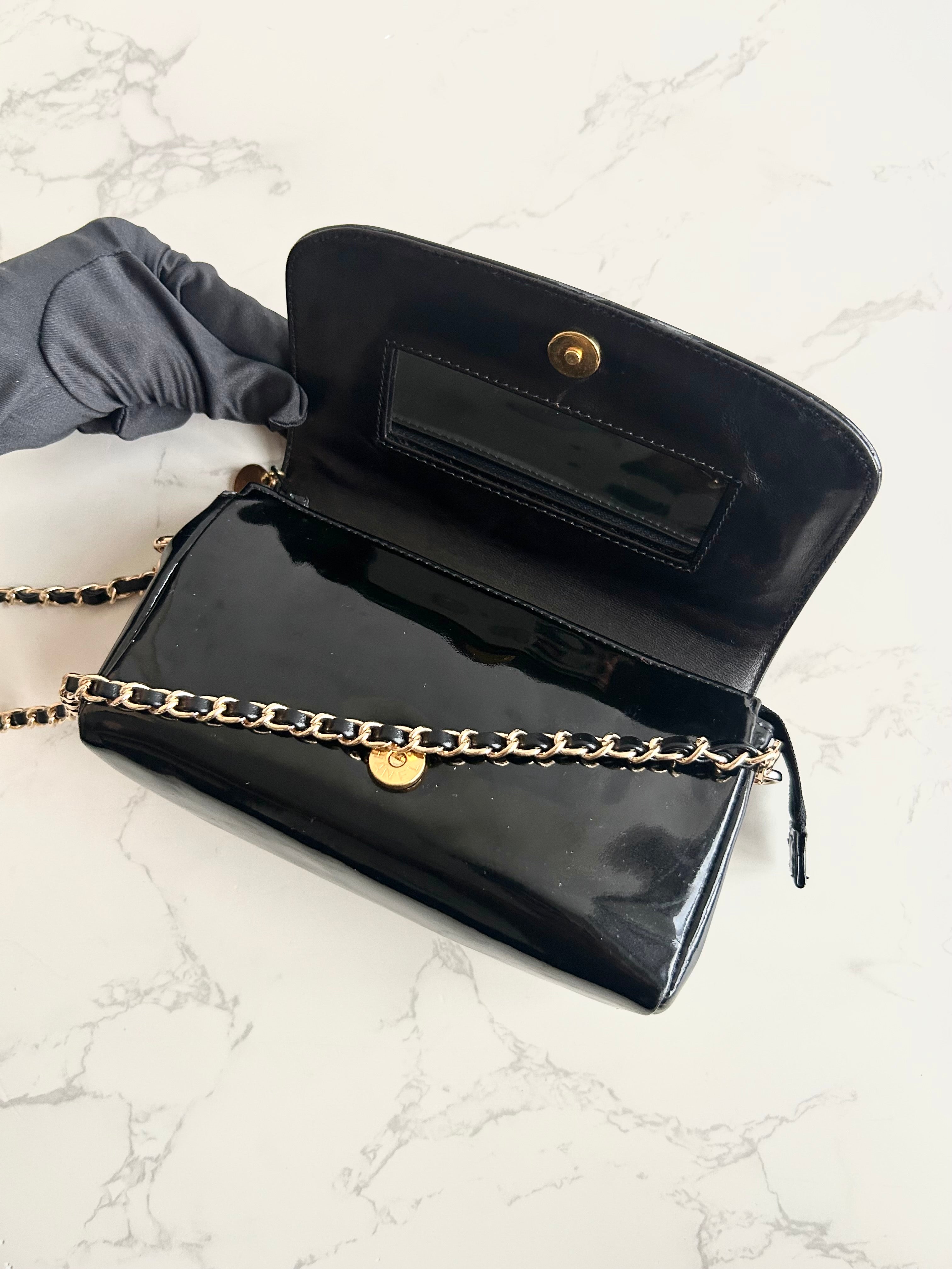 Rare Used Chanel Black and Gold Two-Way Crossbody Bag with Mirror