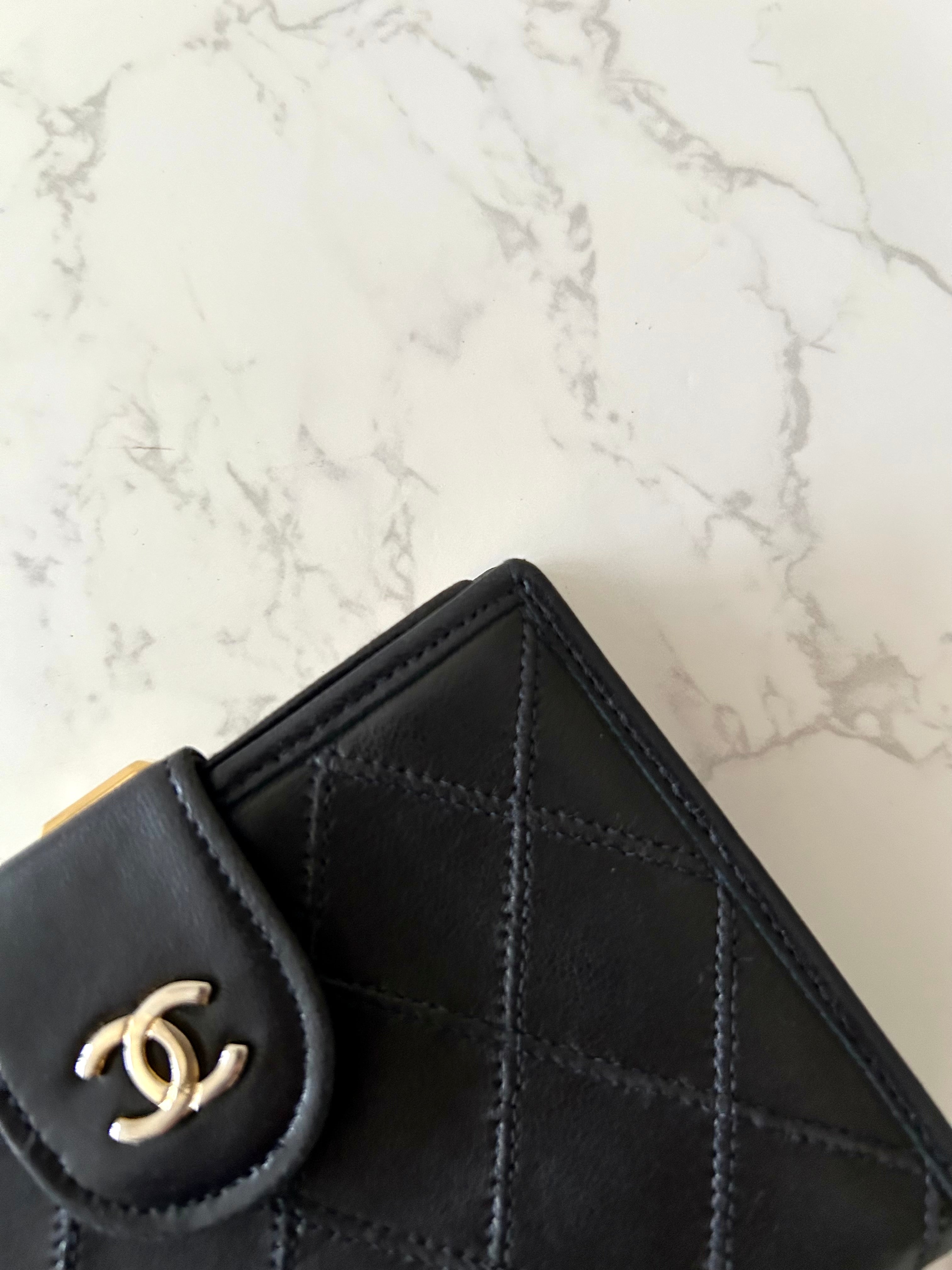 CHANEL rare black lambskin leather large gold buckle gold label short wallet / wallet