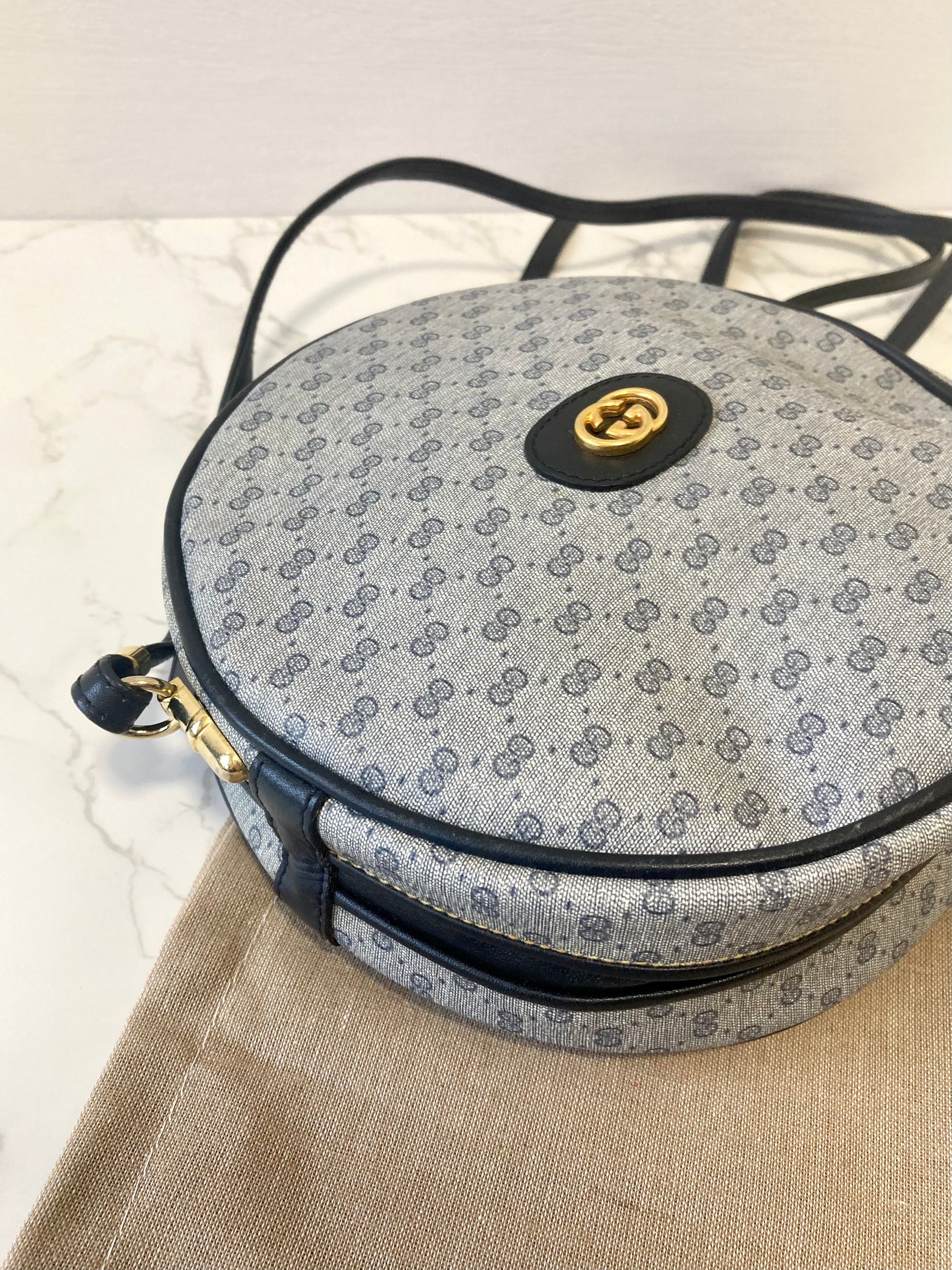 GUCCI Rare Round-shape Navy Monogram Shoulder Bag