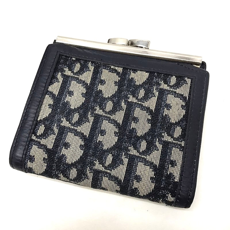 CHRISTIAN DIOR Dark blue old flower leather short clip gold wallet / wallet - Japanese second-hand Vintage