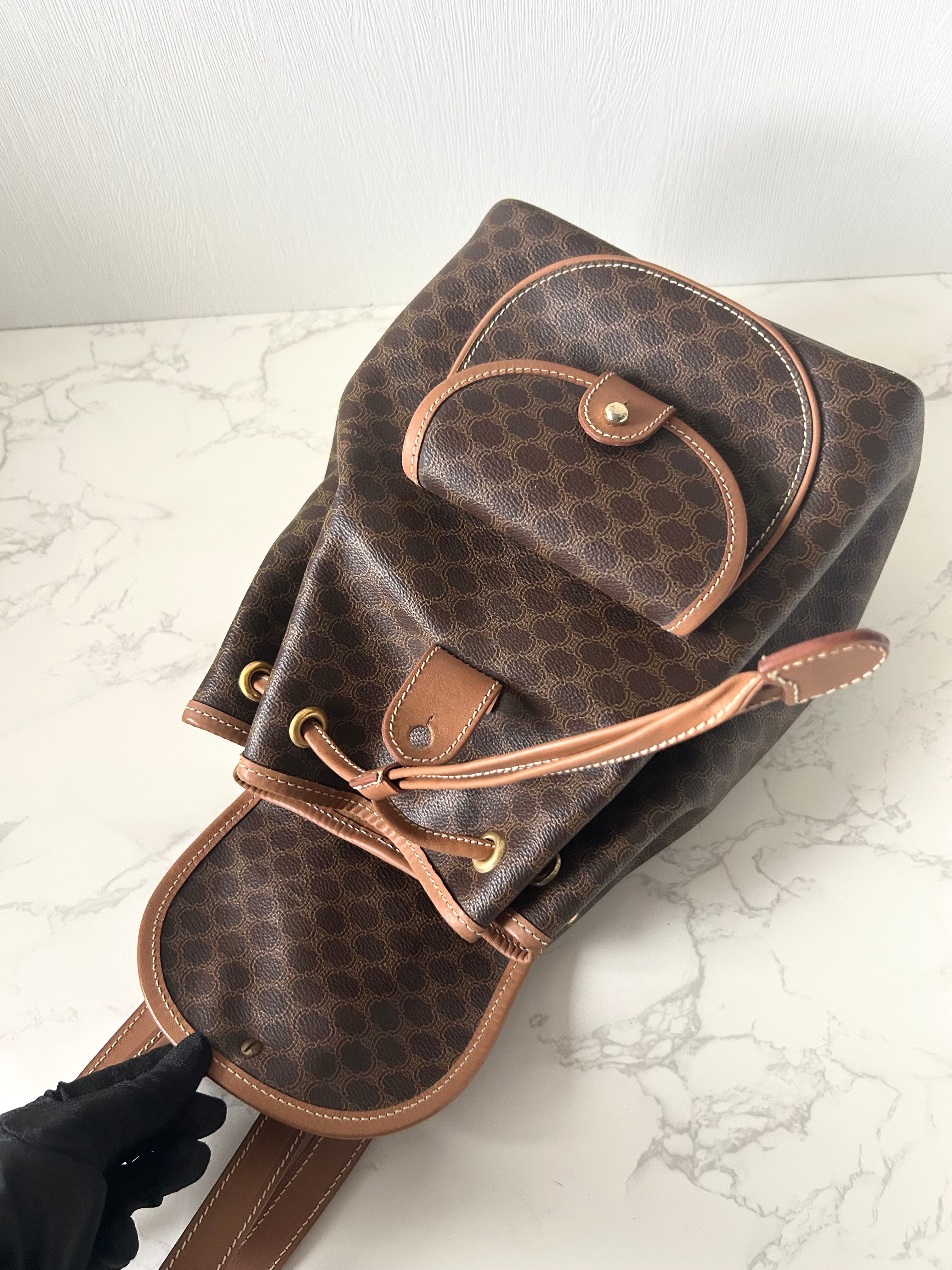 CELINE Rare Brown Monogram Flap Leather Backpack