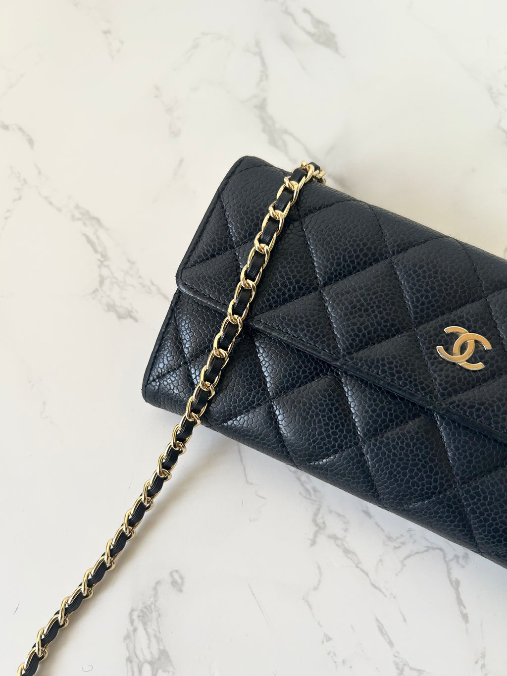 CHANEL Black Gold Caviar Leather WOC Side Bag/Messenger Bag/Long Wallet