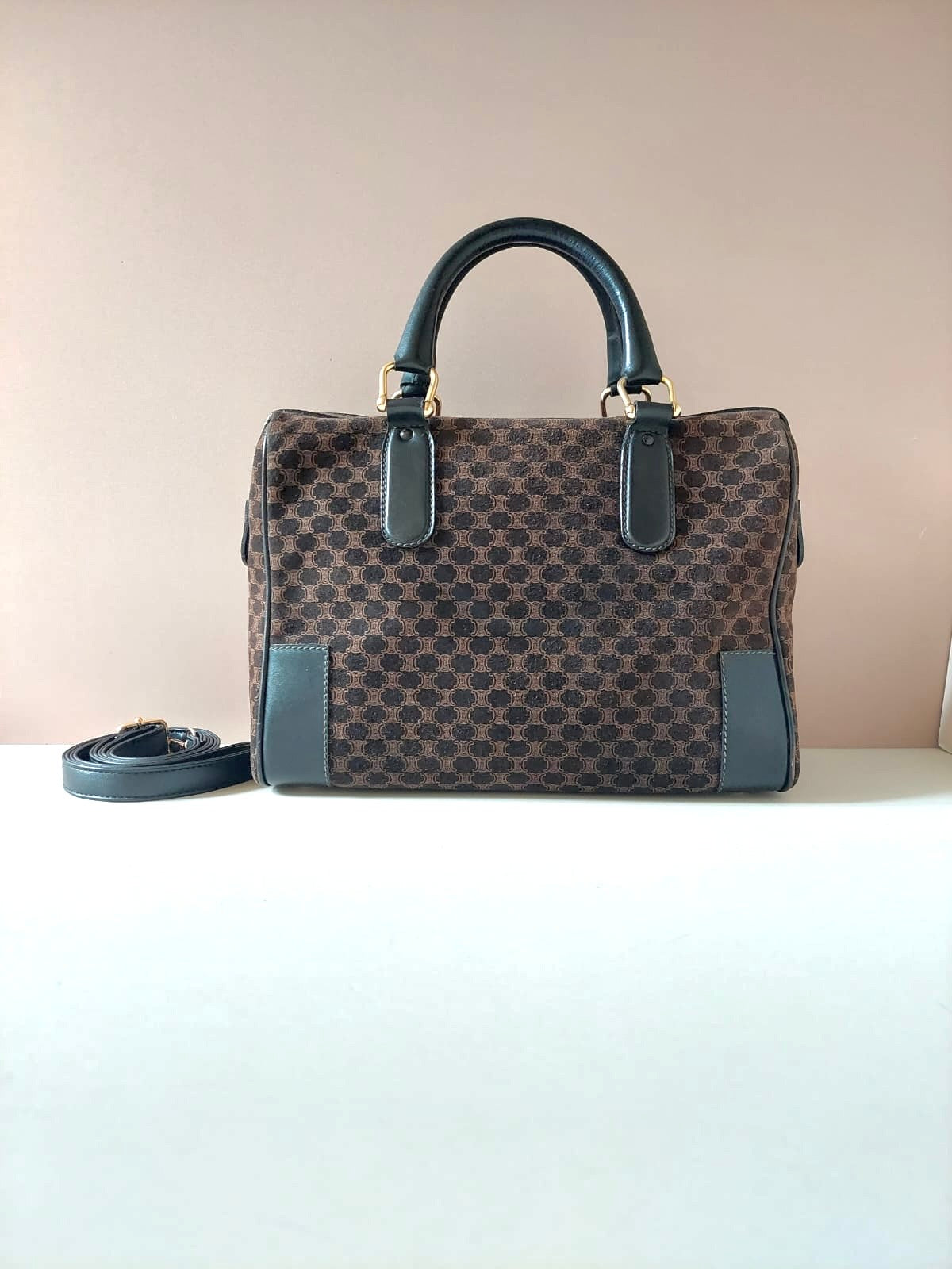CELINE rare coffee color old flower leather Boston crossbody bag / side bag / handbag