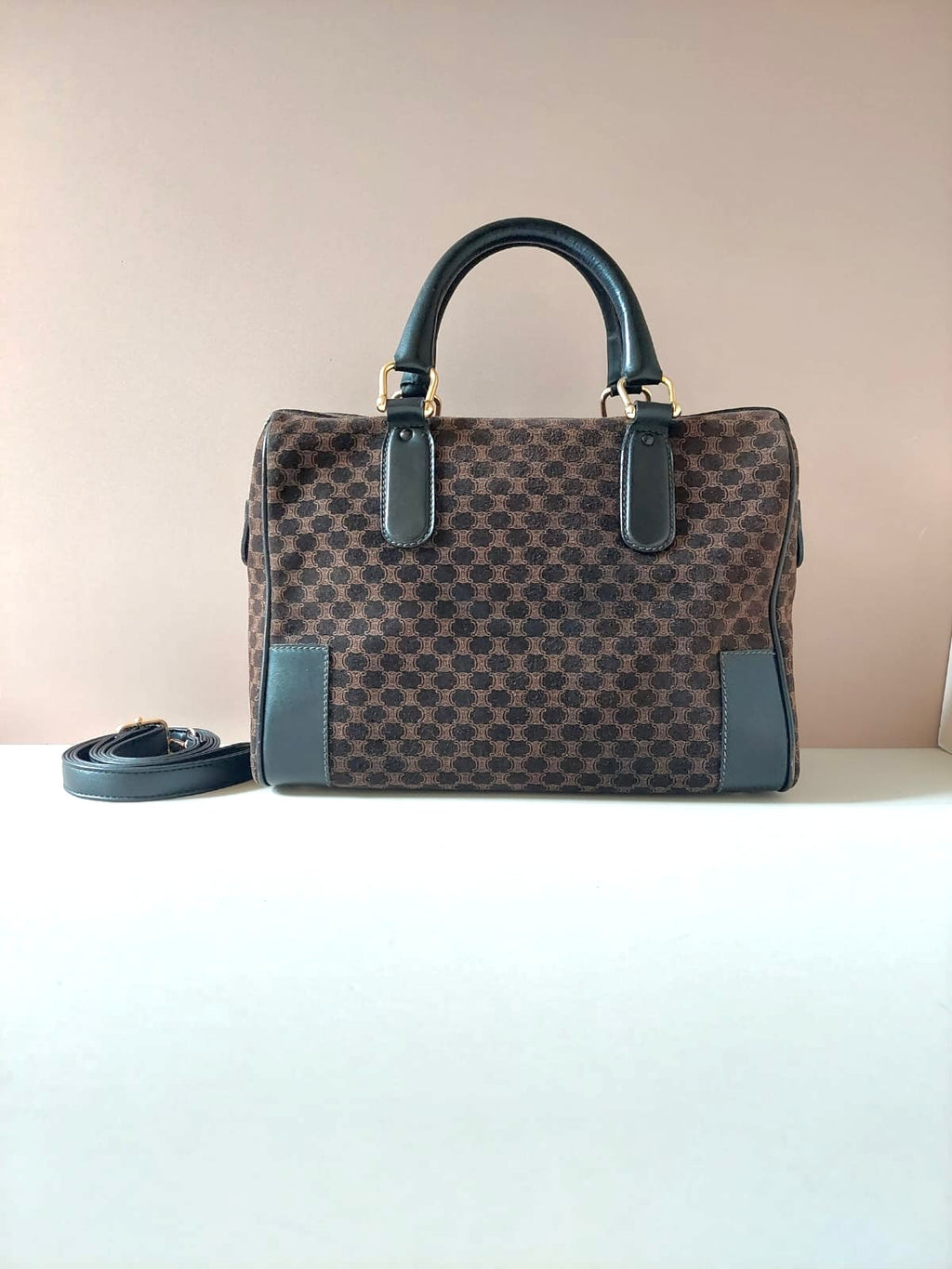 CELINE rare coffee color old flower leather Boston crossbody bag / side bag / handbag