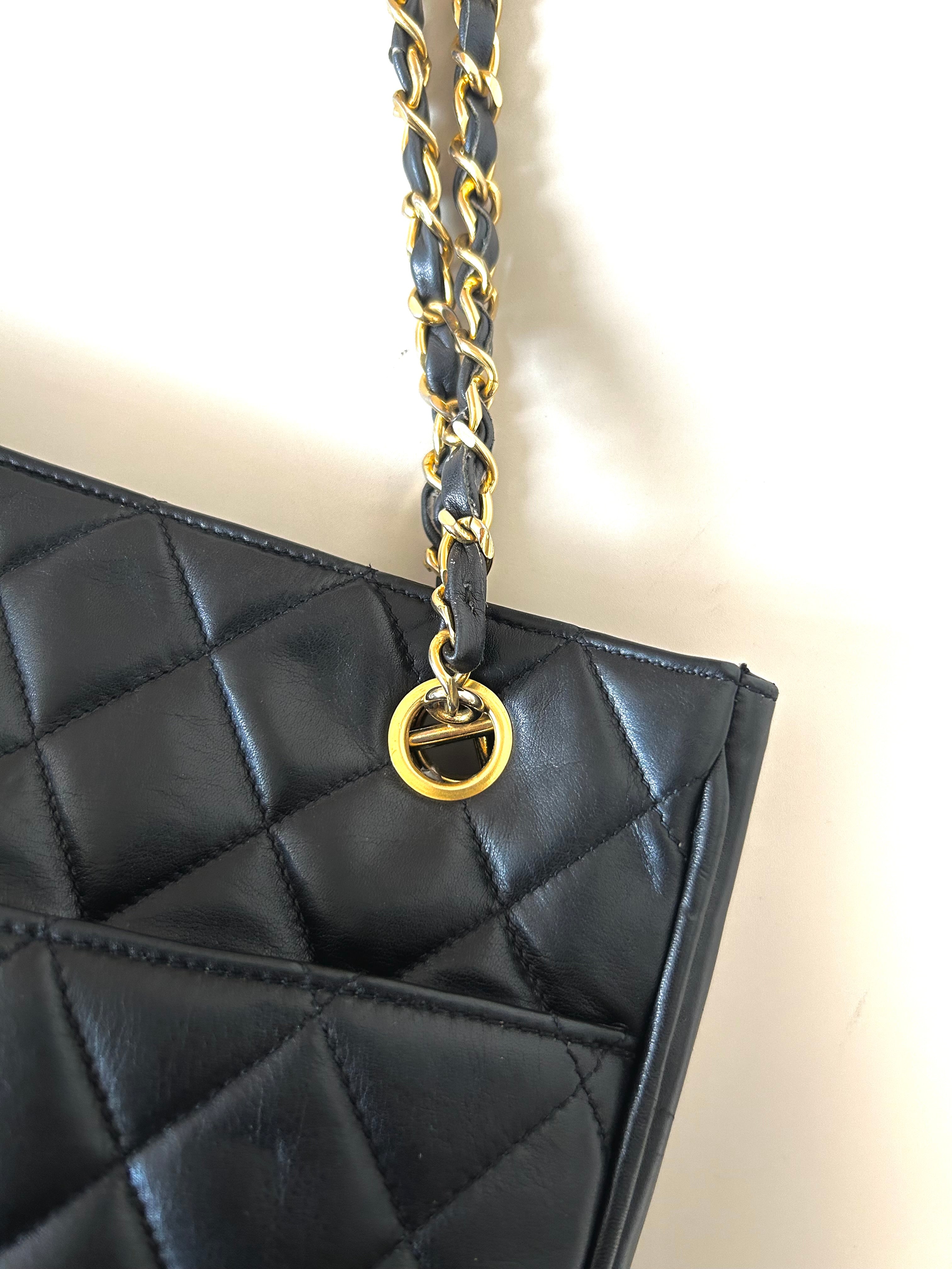 CHANEL Black Metalasse lambskin chain tote bag / side bag