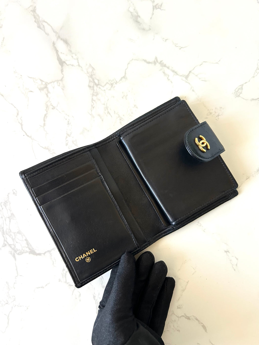 CHANEL rare black lambskin gold label short wallet / wallet