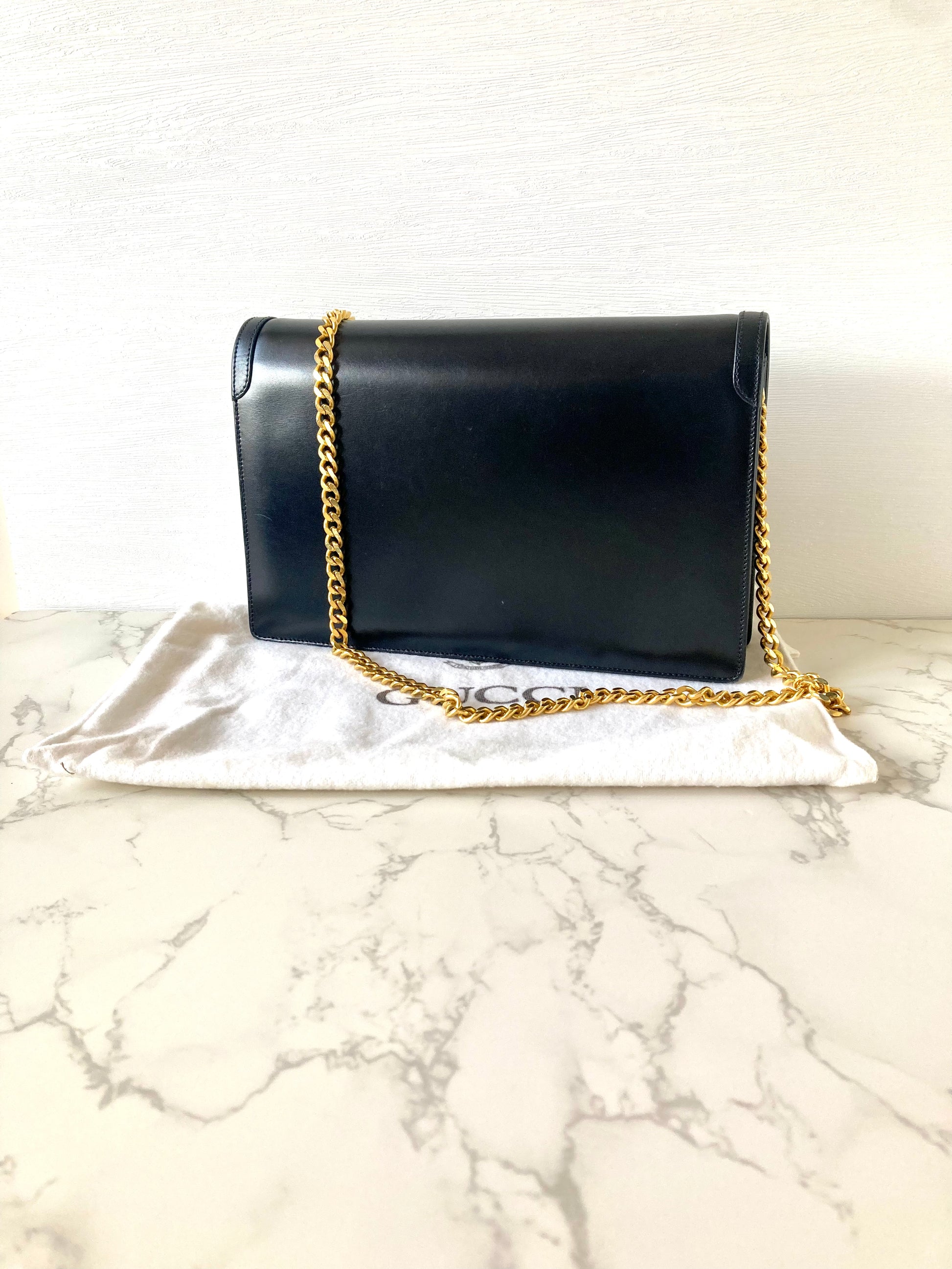 GUCCI Black x Gold Calf Leather Envelope Crossbody Chain Bag