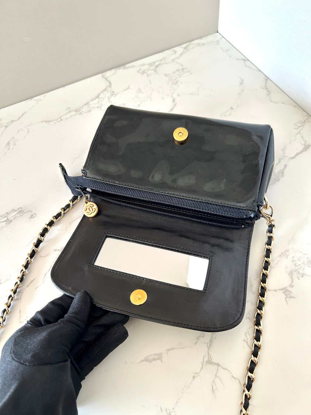 CHANEL Rare Black Patent Leather WOC with Mirror / Side Bag / Crossbody Bag