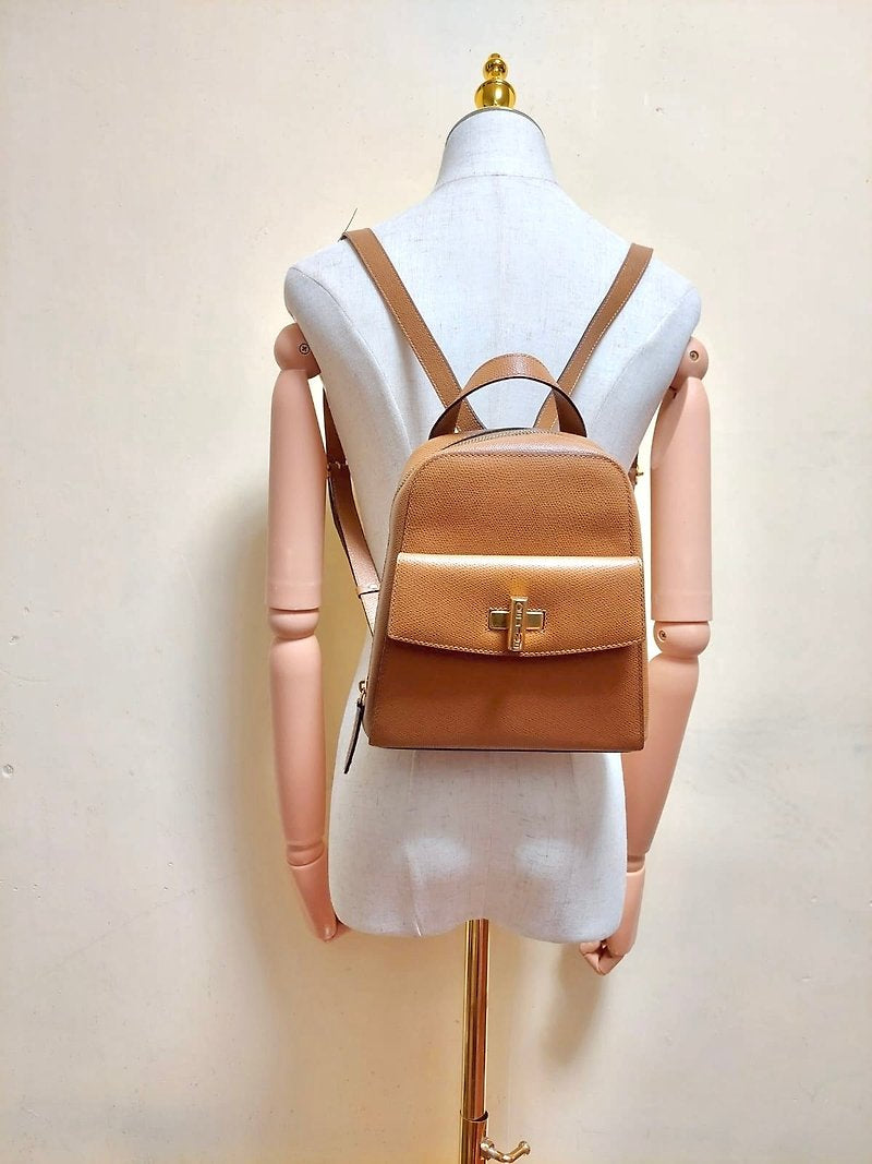 CELINE rare caramel brown cross rotating gold buckle leather small backpack / rucksack / backpack