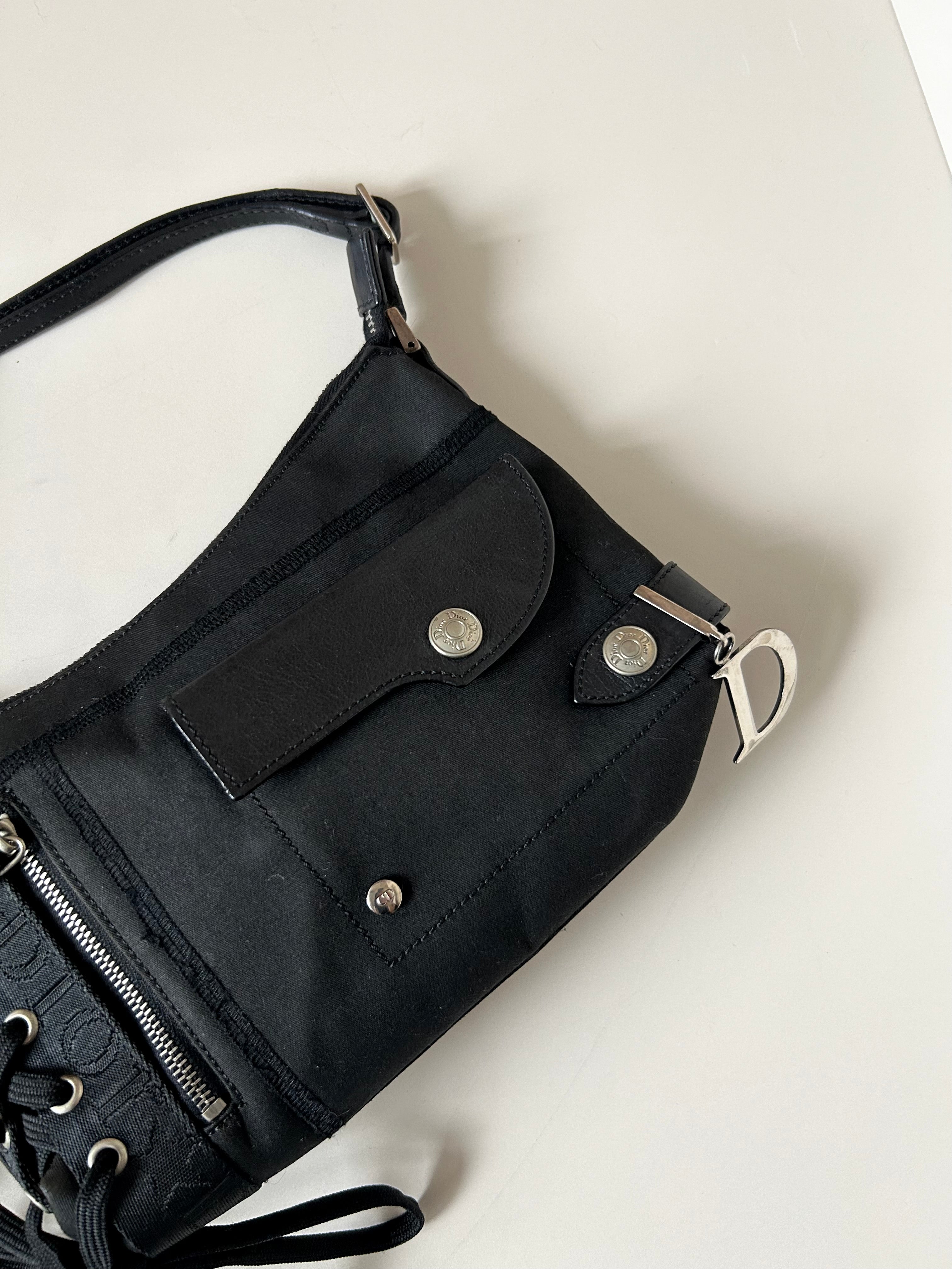 CHRISTIAN DIOR rare black silver buckle punk rope small bag/underarm bag/shoulder bag/side backpack