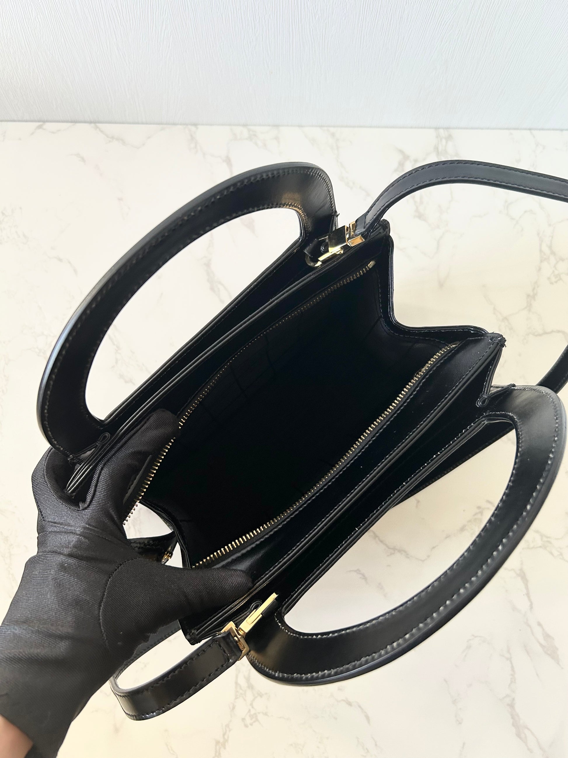 CELINE Rare Planet Black Gold Leather Kelly Handbag/Side Bag/Messenger Bag