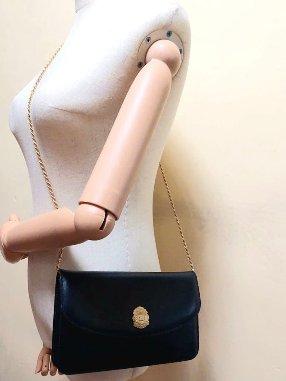 CELINE rare gold Arc de Triomphe badge dark blue leather small bag / side bag / oblique bag