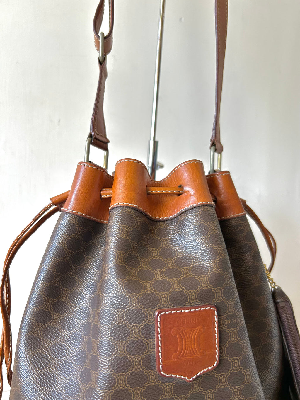 CELINE Brown Old Flower Leather Drawstring Bucket Bag / Side Bag