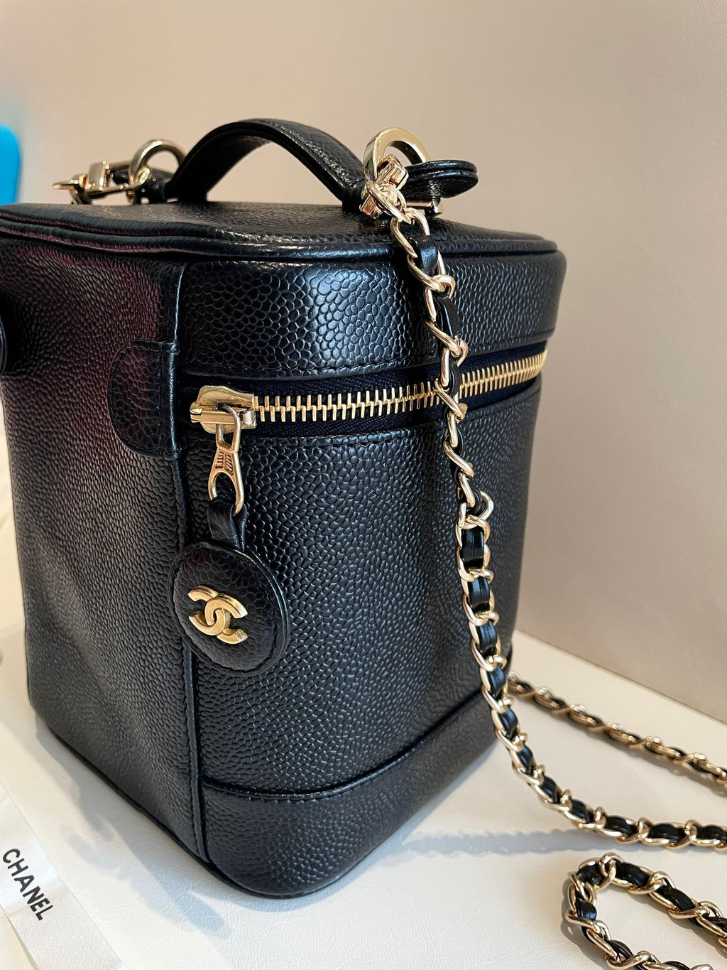 CHANEL Rare Caviar Leather Vertical Vanity Case / Crossbody Chain Bag