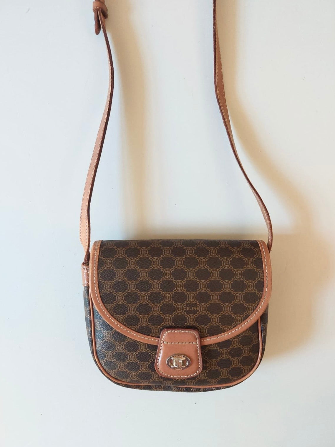 CELINE Half Moon Saddle Old Flower Leather Side Bag / Crossbody Bag