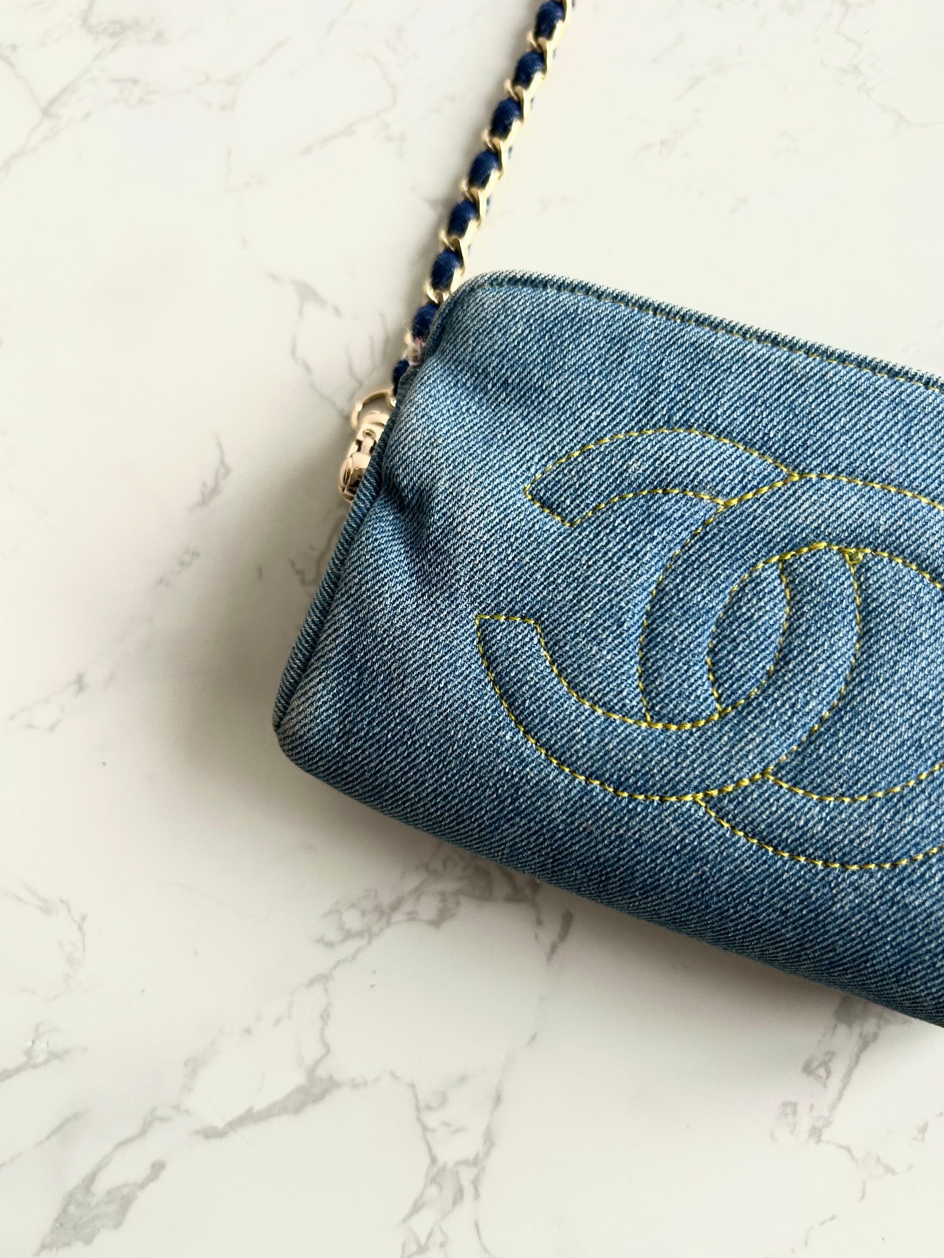 極稀有 中古Chanel牛仔藍明線包 側背包 斜背包