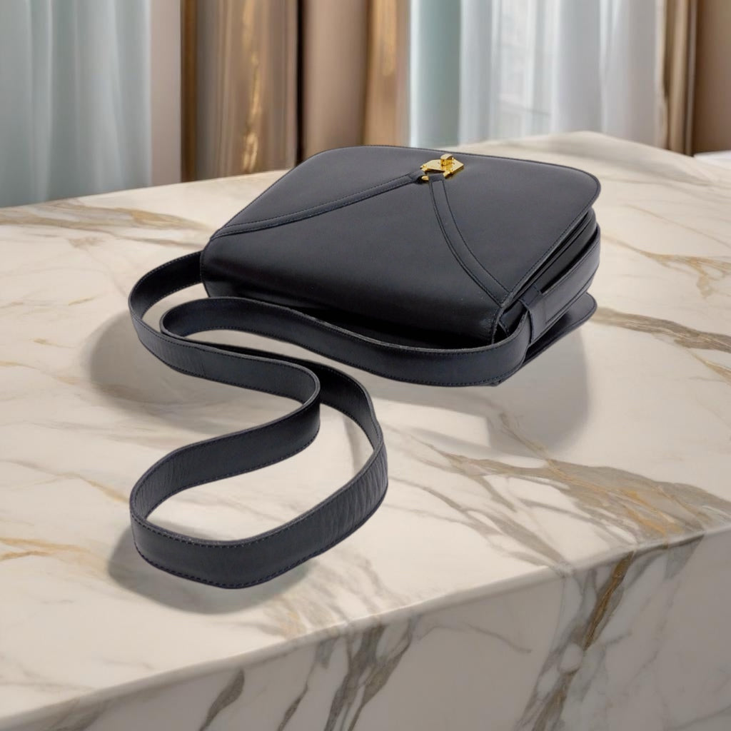 CELINE rare black small gold lock cowhide leather box small bag / side backpack / oblique backpack
