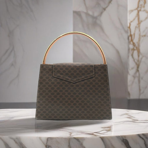 CELINE 稀有咖啡色老花金扣凱莉皮革翻蓋手提包