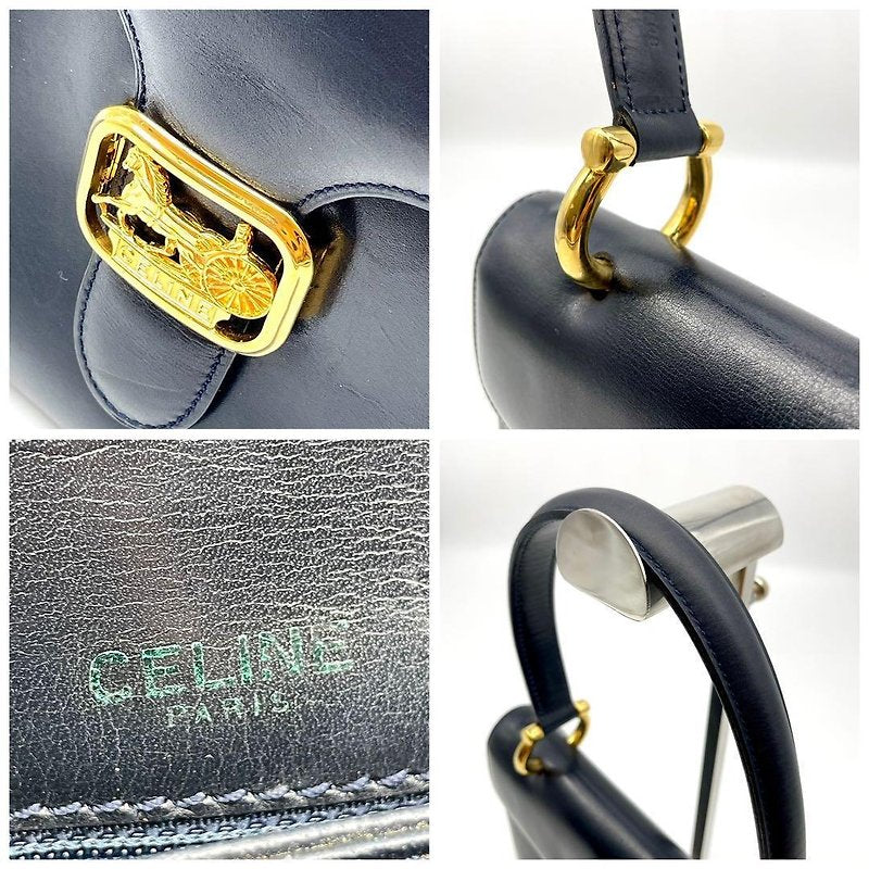CELINE rare gold carriage black leather side bag / crossbody bag / handbag - Japanese second-hand Vintage