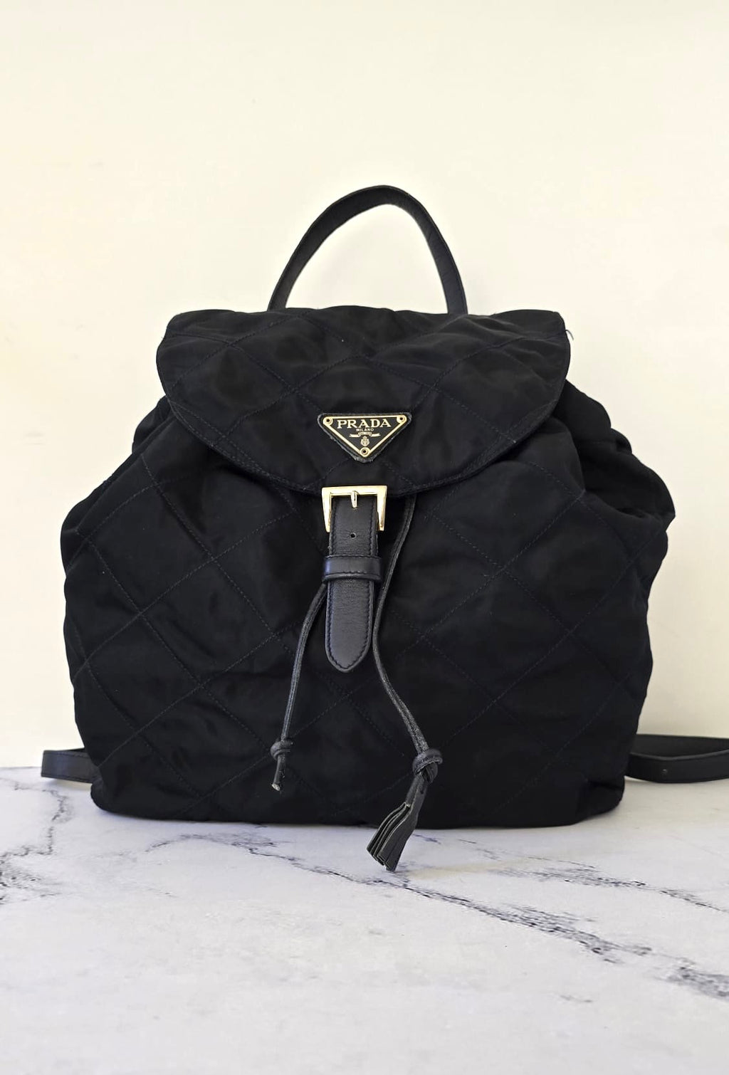 Prada 黑藍外縫格紋流蘇雙肩包 後背包 背囊