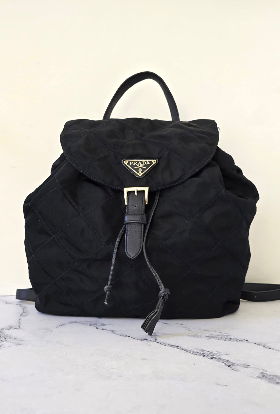 Prada 黑藍外縫格紋流蘇雙肩包 後背包 背囊