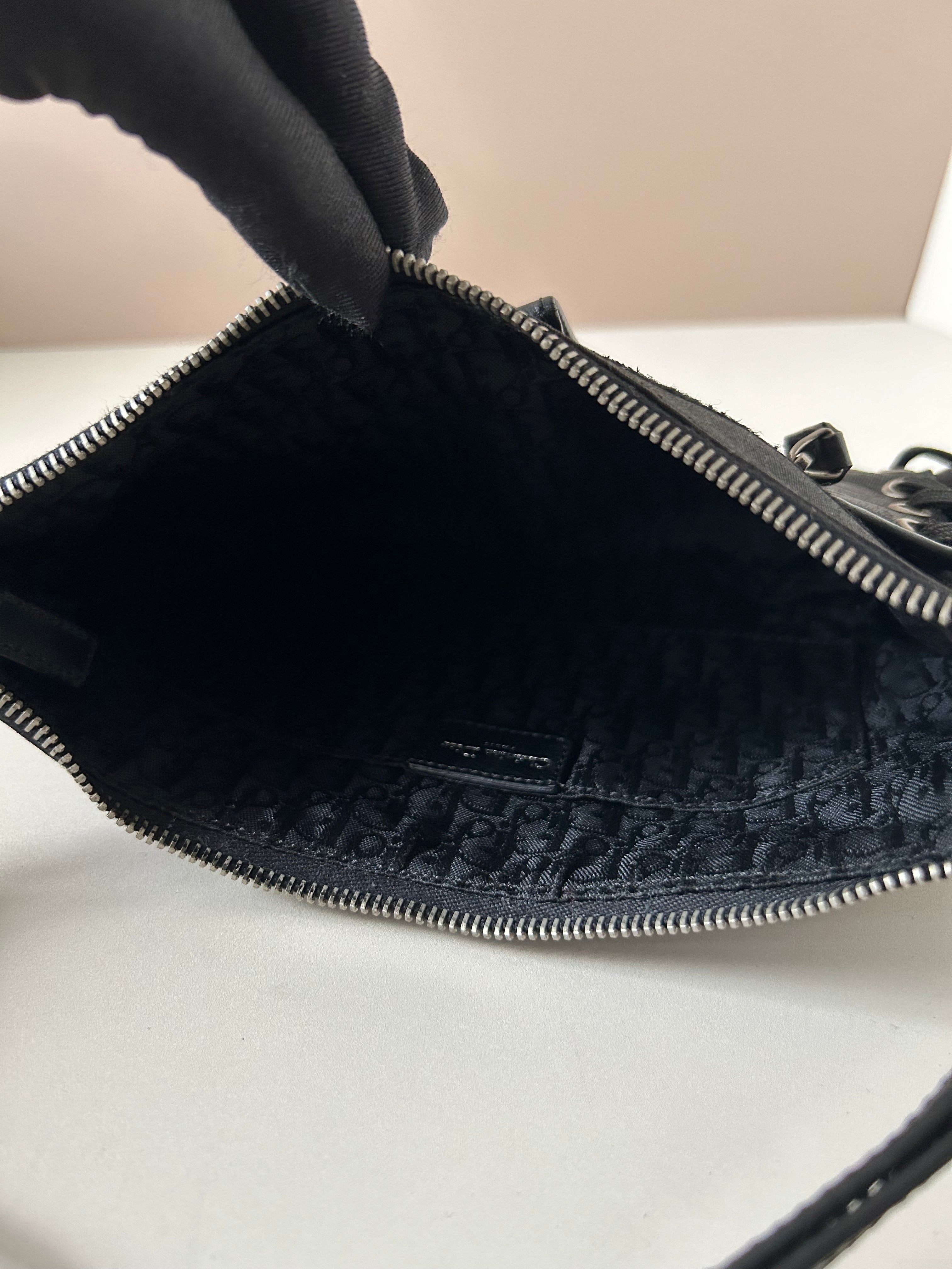 CHRISTIAN DIOR rare black silver buckle punk rope small bag/underarm bag/shoulder bag/side backpack