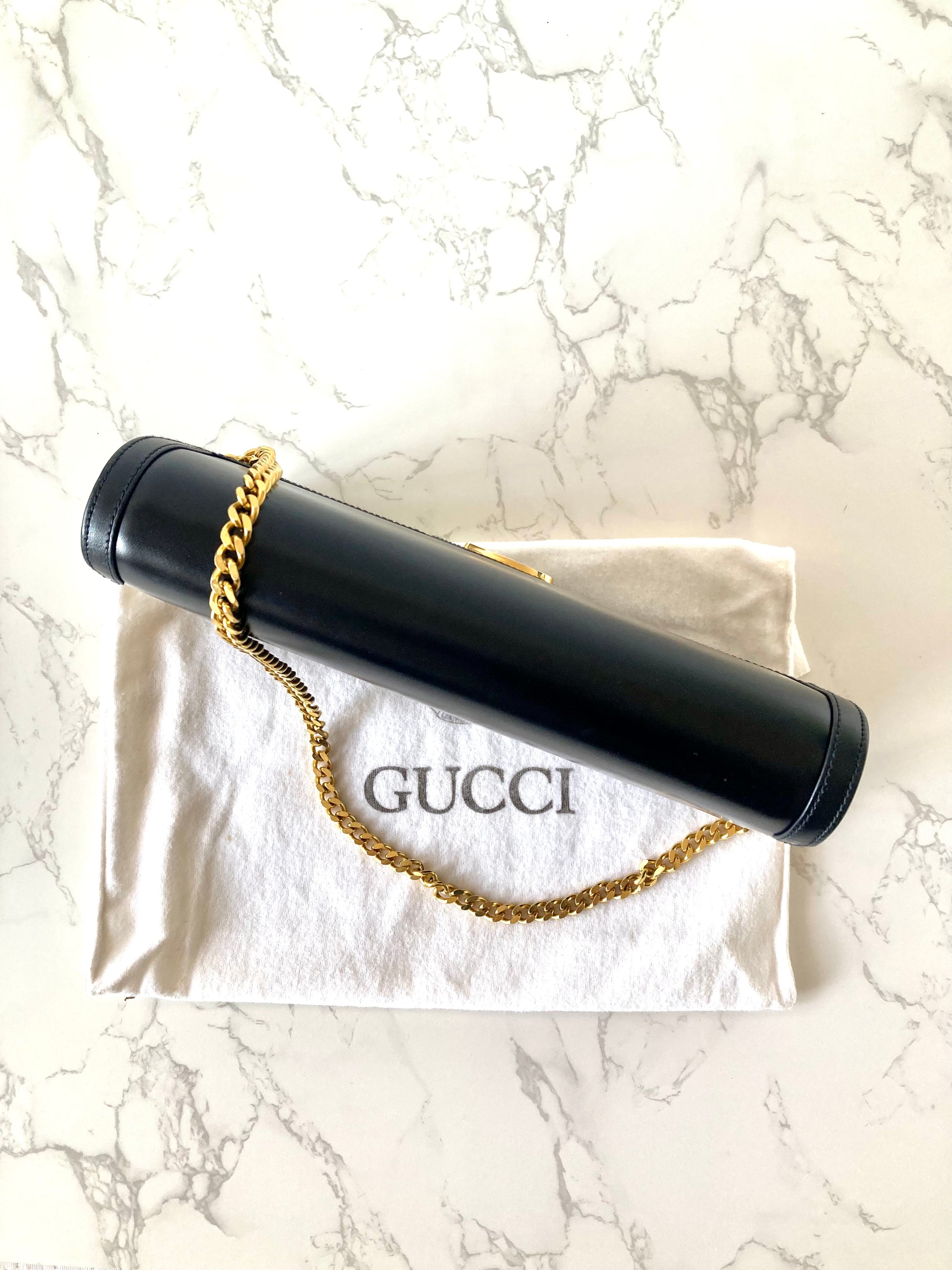 GUCCI Black x Gold Calf Leather Envelope Crossbody Chain Bag
