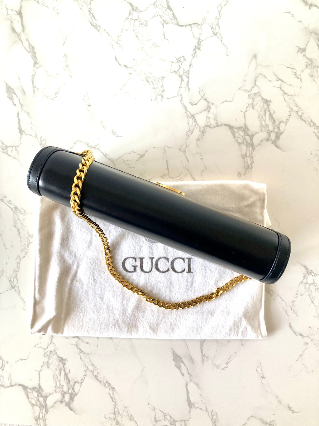 GUCCI Black x Gold Calf Leather Envelope Crossbody Chain Bag