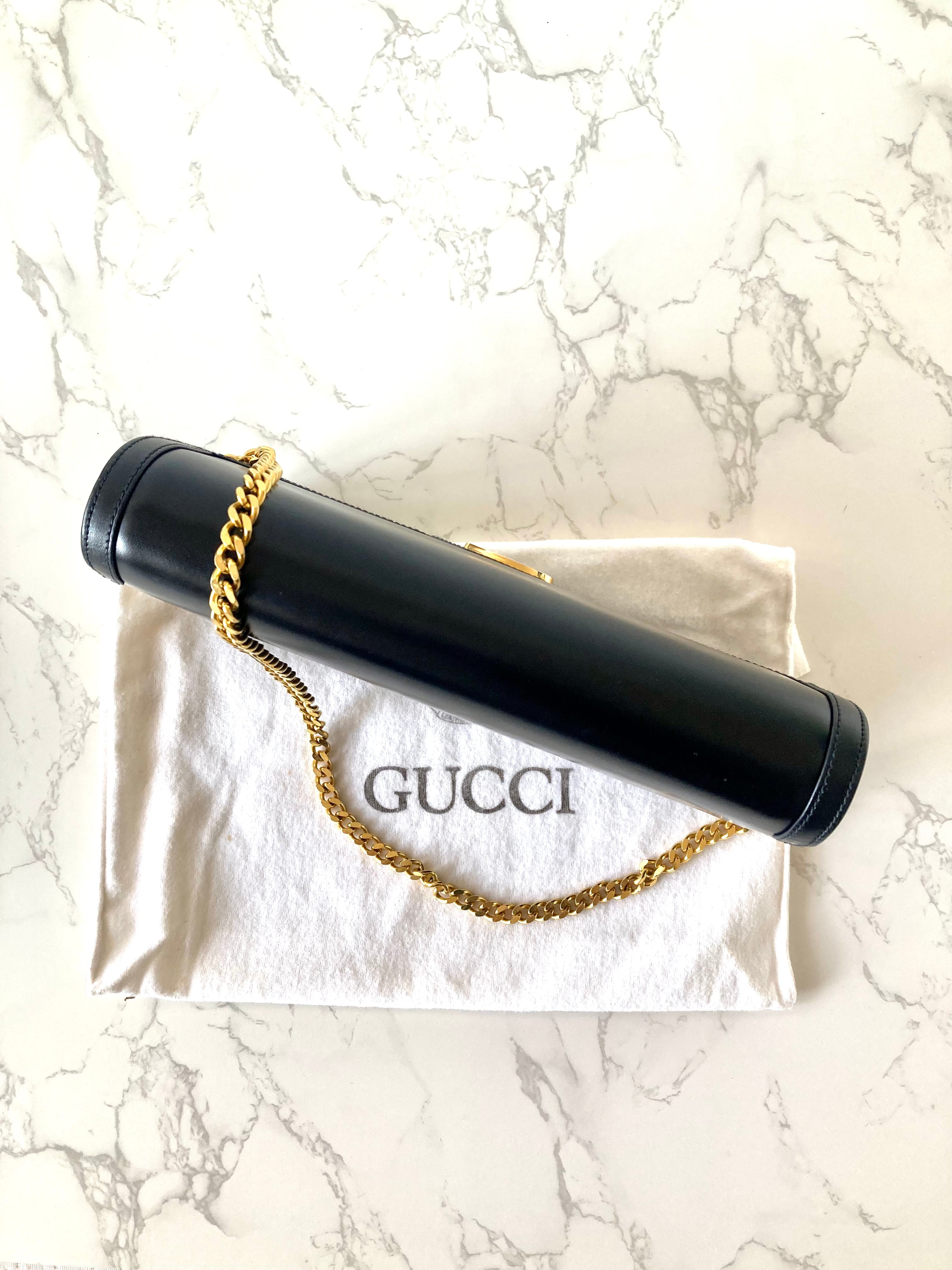 GUCCI Black x Gold Calf Leather Envelope Crossbody Chain Bag