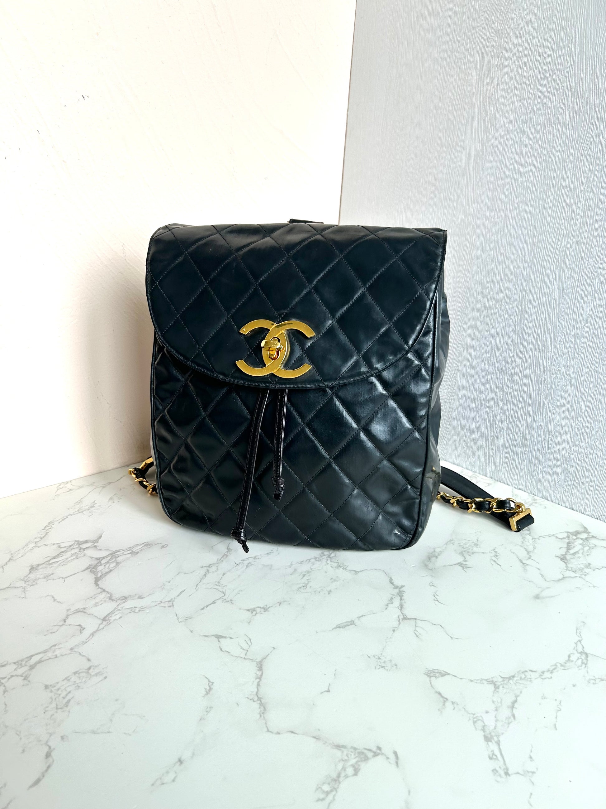 CHANEL Rare Large Gold Rotating Buckle Leather Chain Backpack