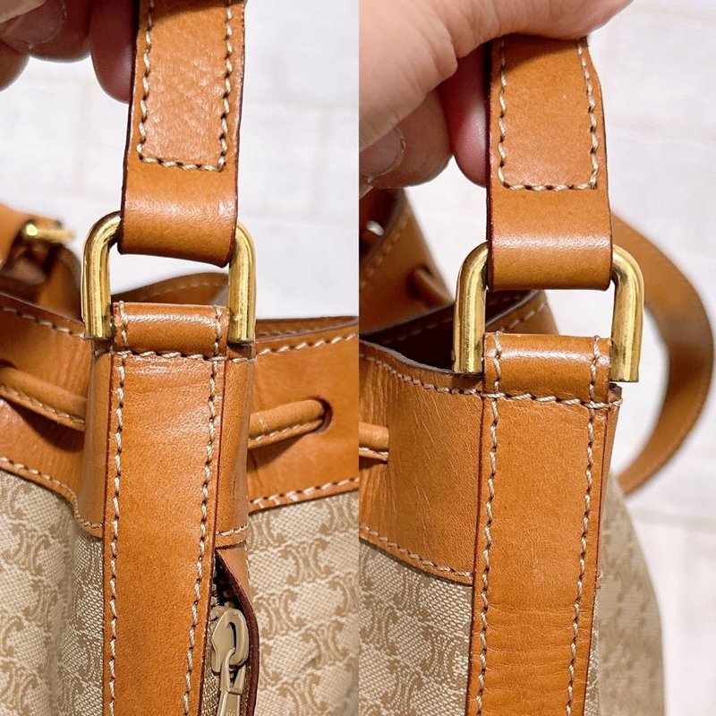 Celine米啡色老花中古水桶包/單肩包/斜背包