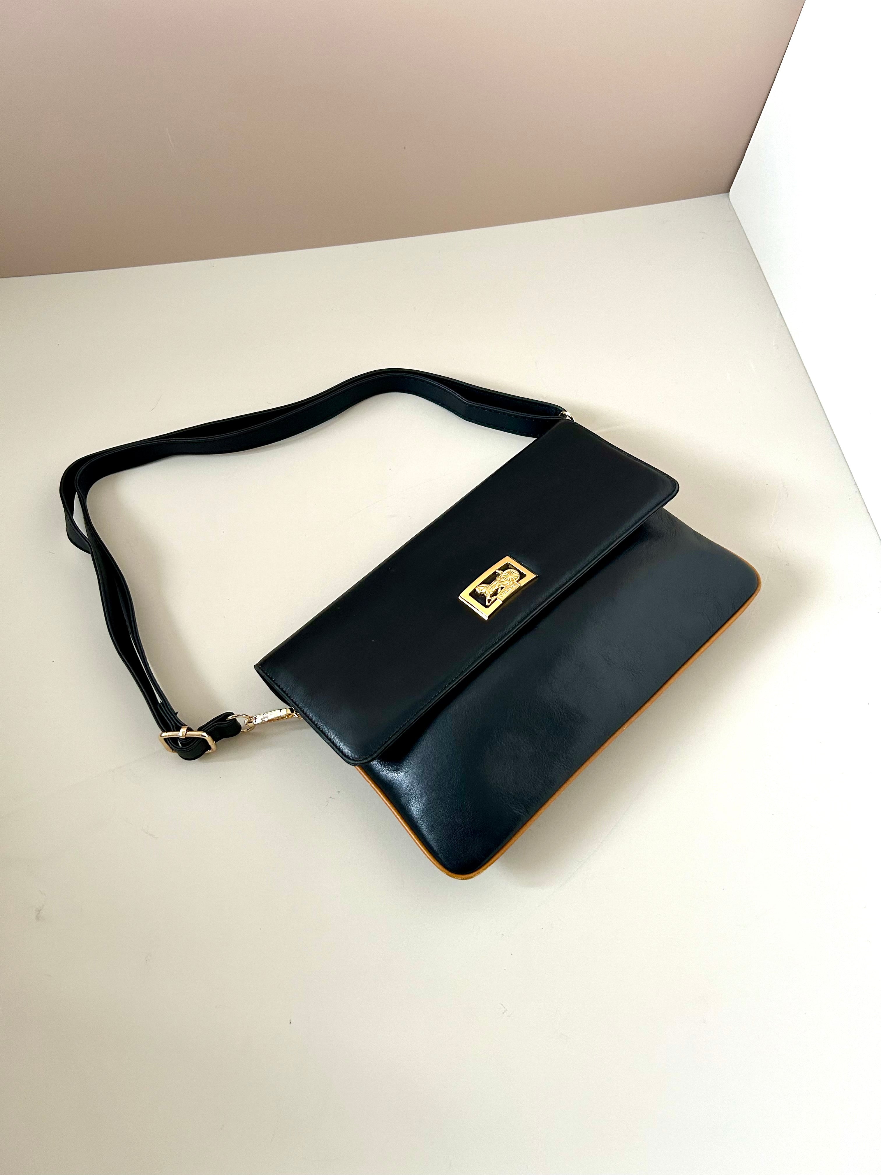 CELINE rare black carriage gold buckle side bag/clutch/crossbody bag