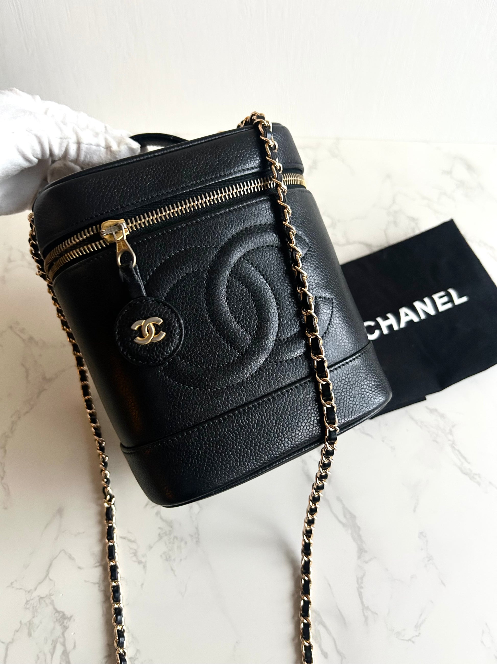 Chanel黑色魚子醬化妝盒子包/斜背包/側背包/單肩包