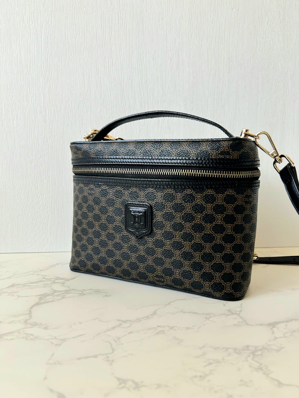 CELINE rare black old flower Vanity box/side bag/oblique bag