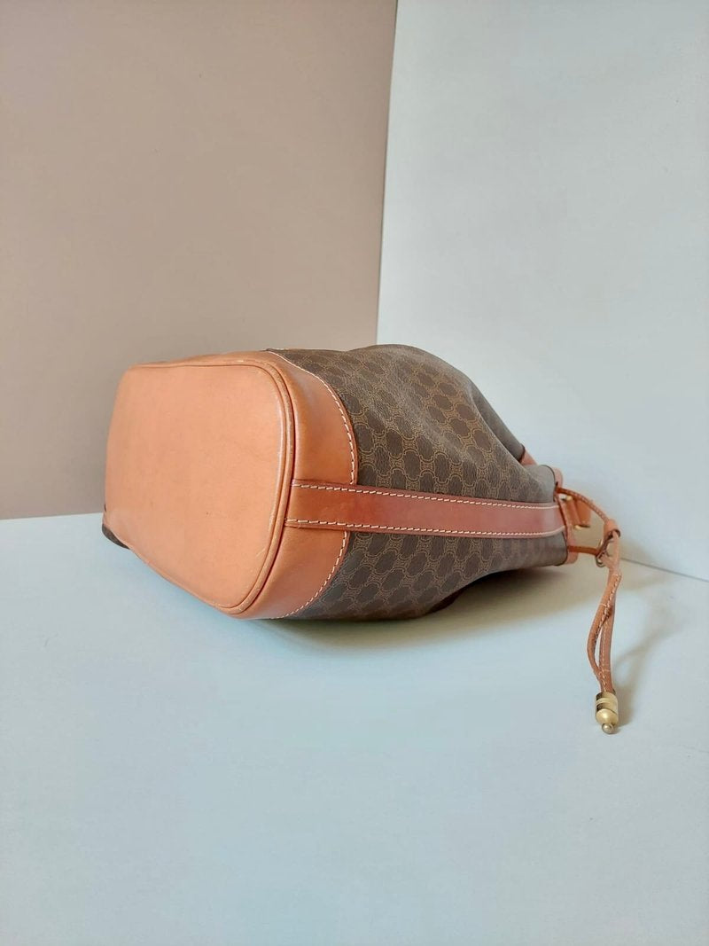 CELINE Brown Old Flower Leather Single Shoulder Drawstring Bucket Bag / Side Bag